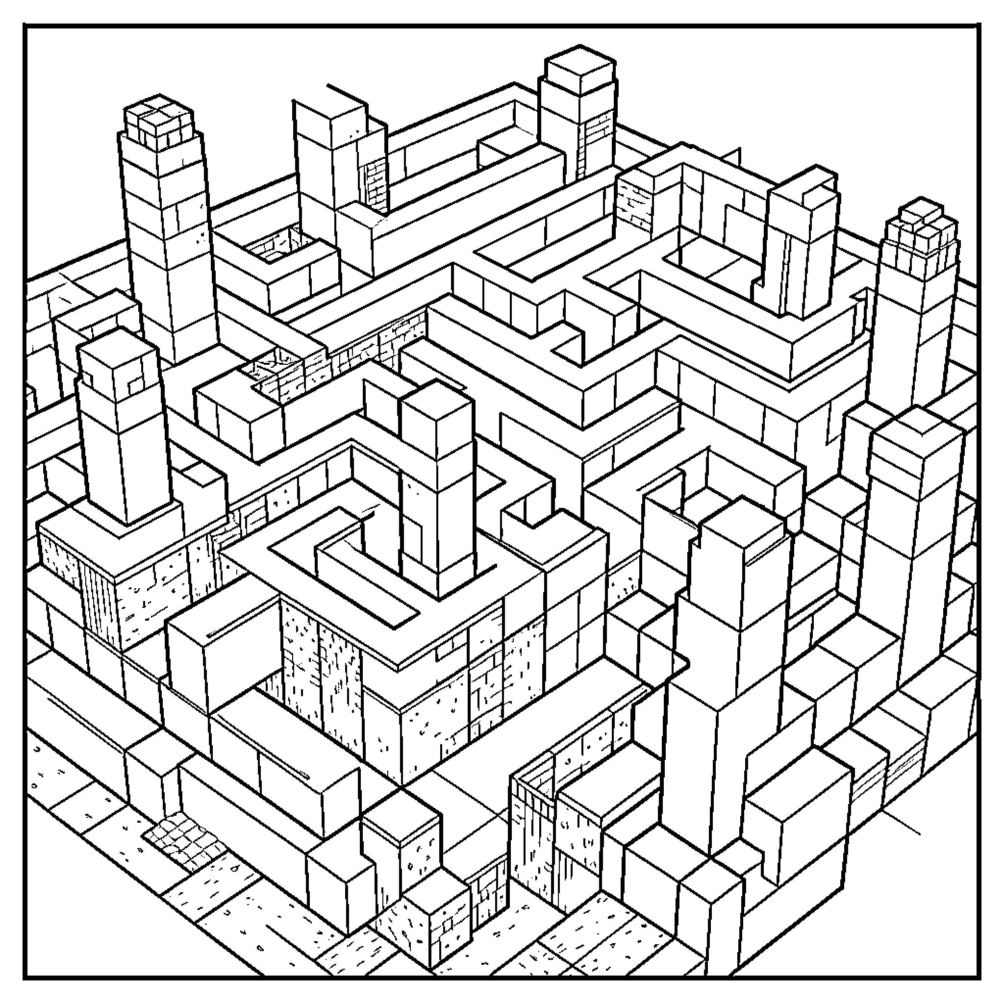 Minecraft cityscape featuring various geometric buildings and structures Coloring Page (free black-and-white line drawing printable PDF for all, from beginners to advanced learners, including children, teens, adults, and seniors)