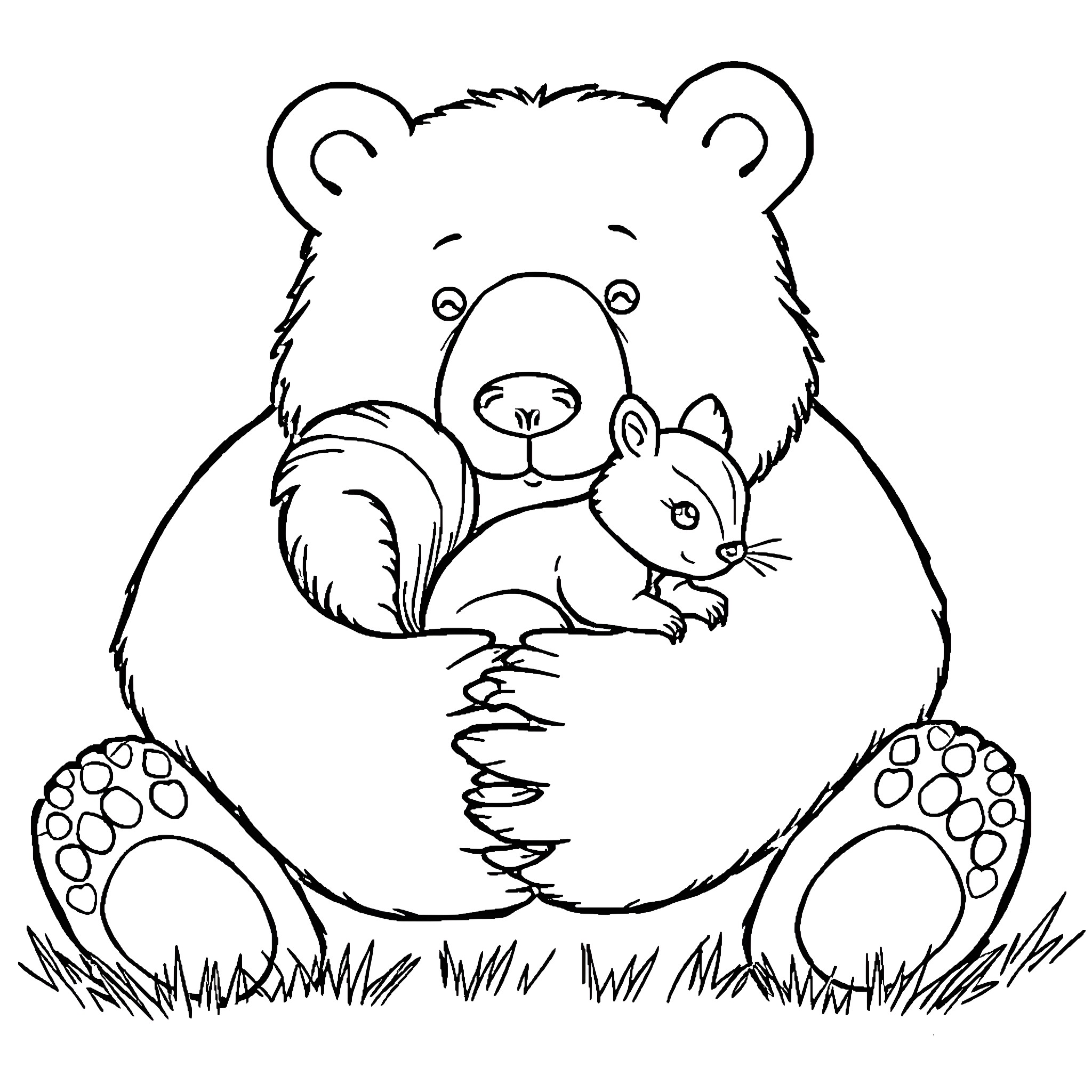 Bear cuddling with a cute squirrel Coloring Page (free black-and-white line drawing printable PDF for all, from beginners to advanced learners, including children, teens, adults, and seniors)