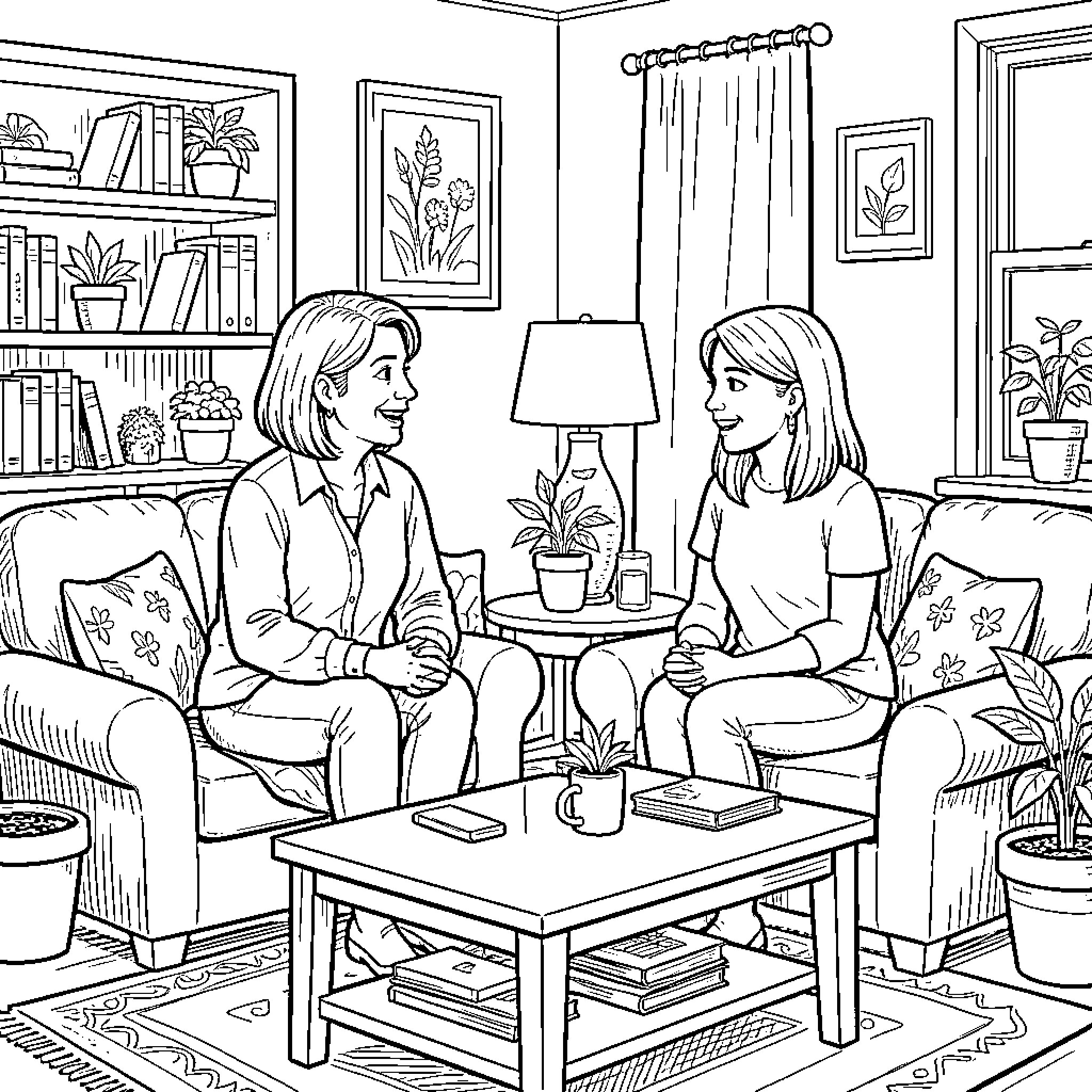 Shaun Murphy characters sitting and talking on a sofa Coloring Page (free black-and-white line drawing printable PDF for all, from beginners to advanced learners, including children, teens, adults, and seniors)