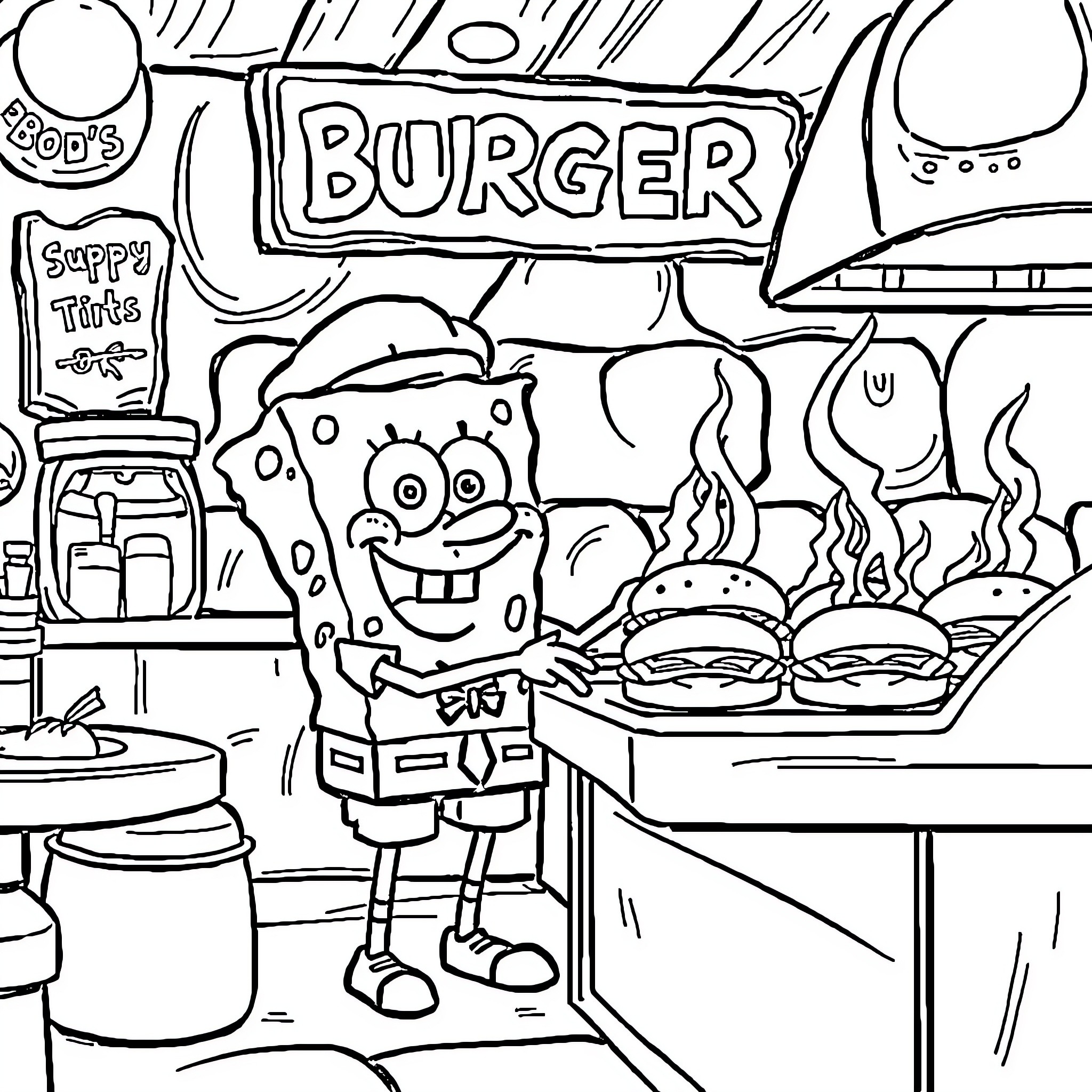 Spongebob working at the burger shop Coloring Page (free black-and-white line drawing printable PDF for all, from beginners to advanced learners, including children, teens, adults, and seniors)