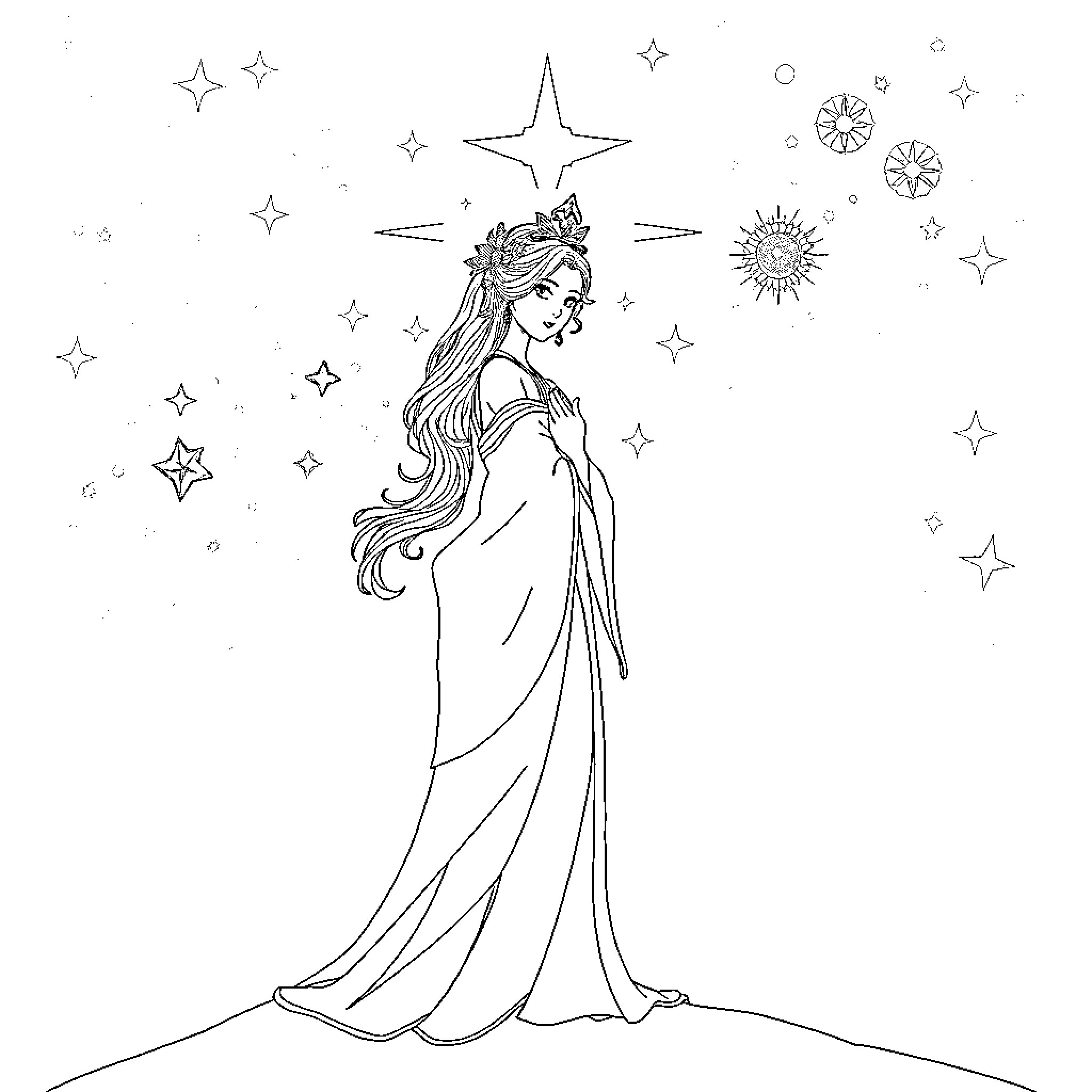 Princess in a Starry Night Coloring Page (free black-and-white line drawing printable PDF for all, from beginners to advanced learners, including children, teens, adults, and seniors)