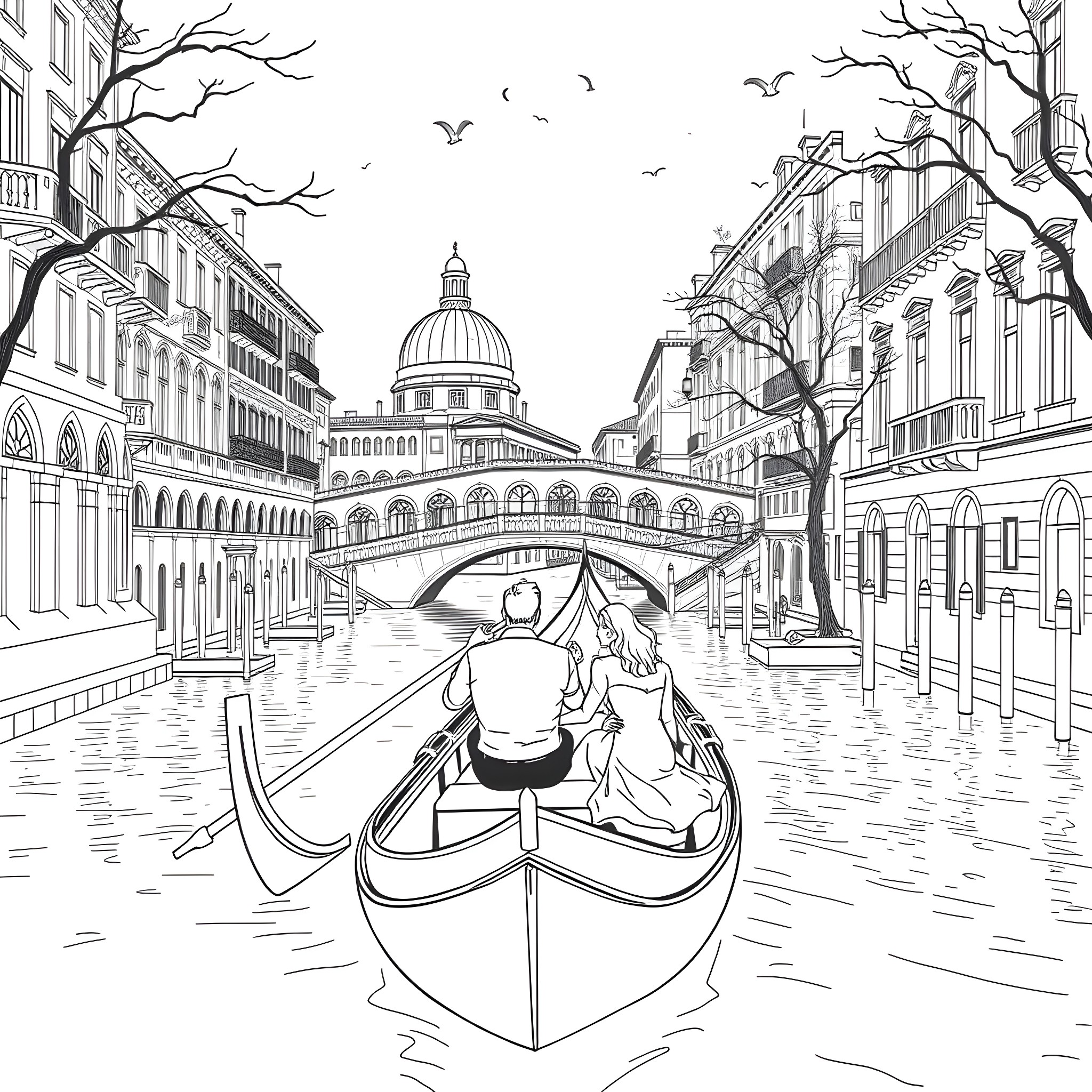 Romance in the Venetian Waterways Coloring Page (free black-and-white line drawing printable PDF for all, from beginners to advanced learners, including children, teens, adults, and seniors)