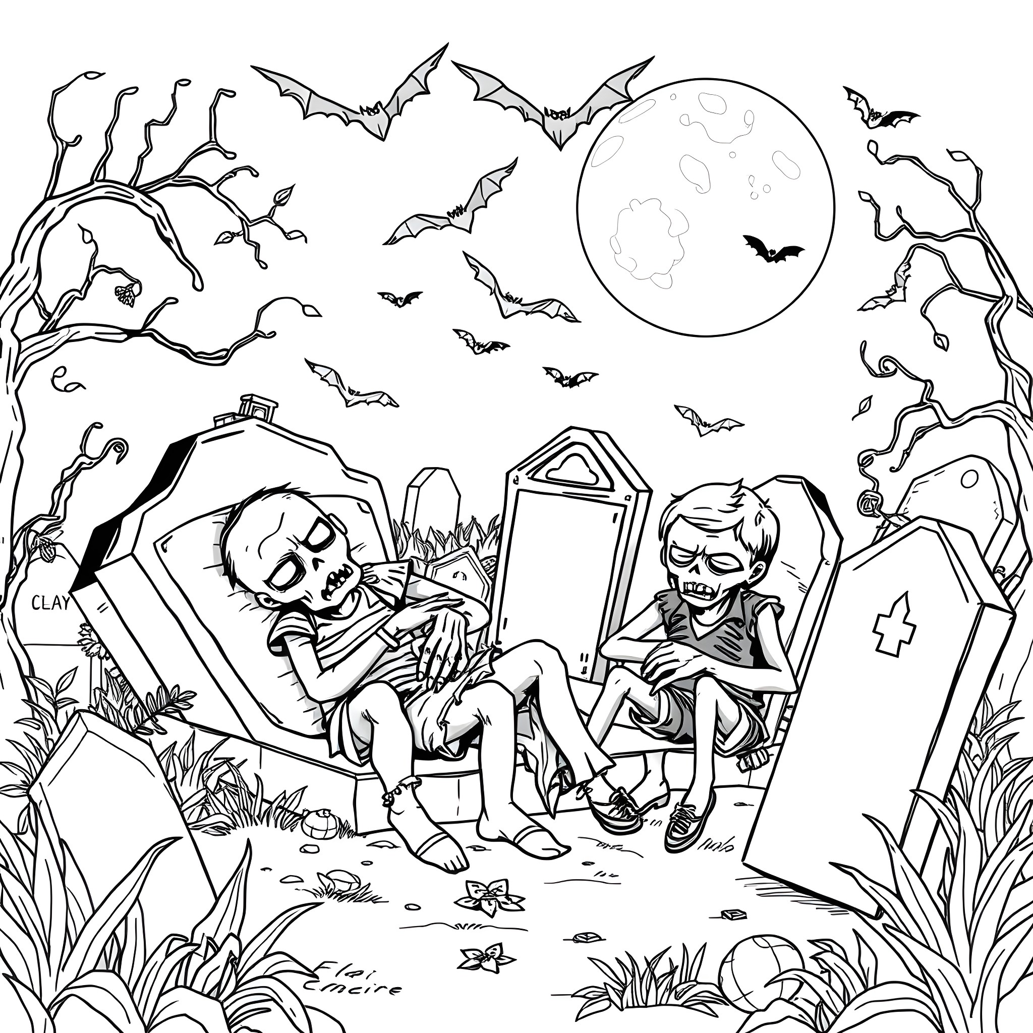 Zombie friends enjoying a spooky graveyard night Coloring Page (free black-and-white line drawing printable PDF for all, from beginners to advanced learners, including children, teens, adults, and seniors)