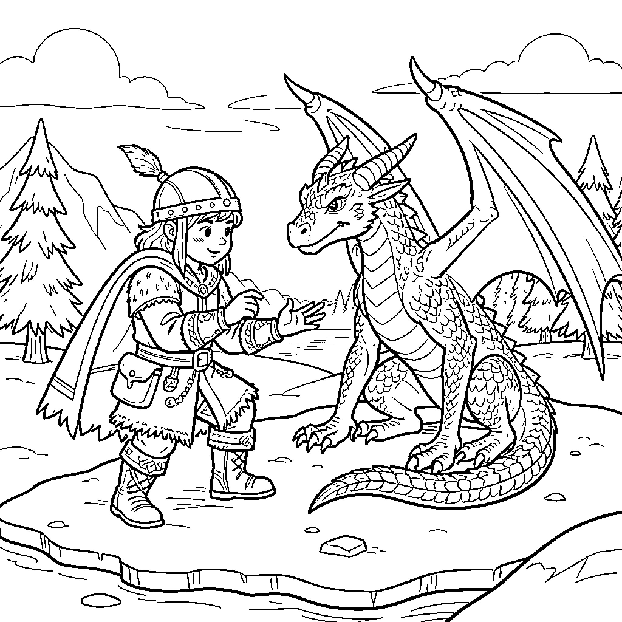 Dragon Tamer Interacting with Majestic Dragon Coloring Page (free black-and-white line drawing printable PDF for all, from beginners to advanced learners, including children, teens, adults, and seniors)