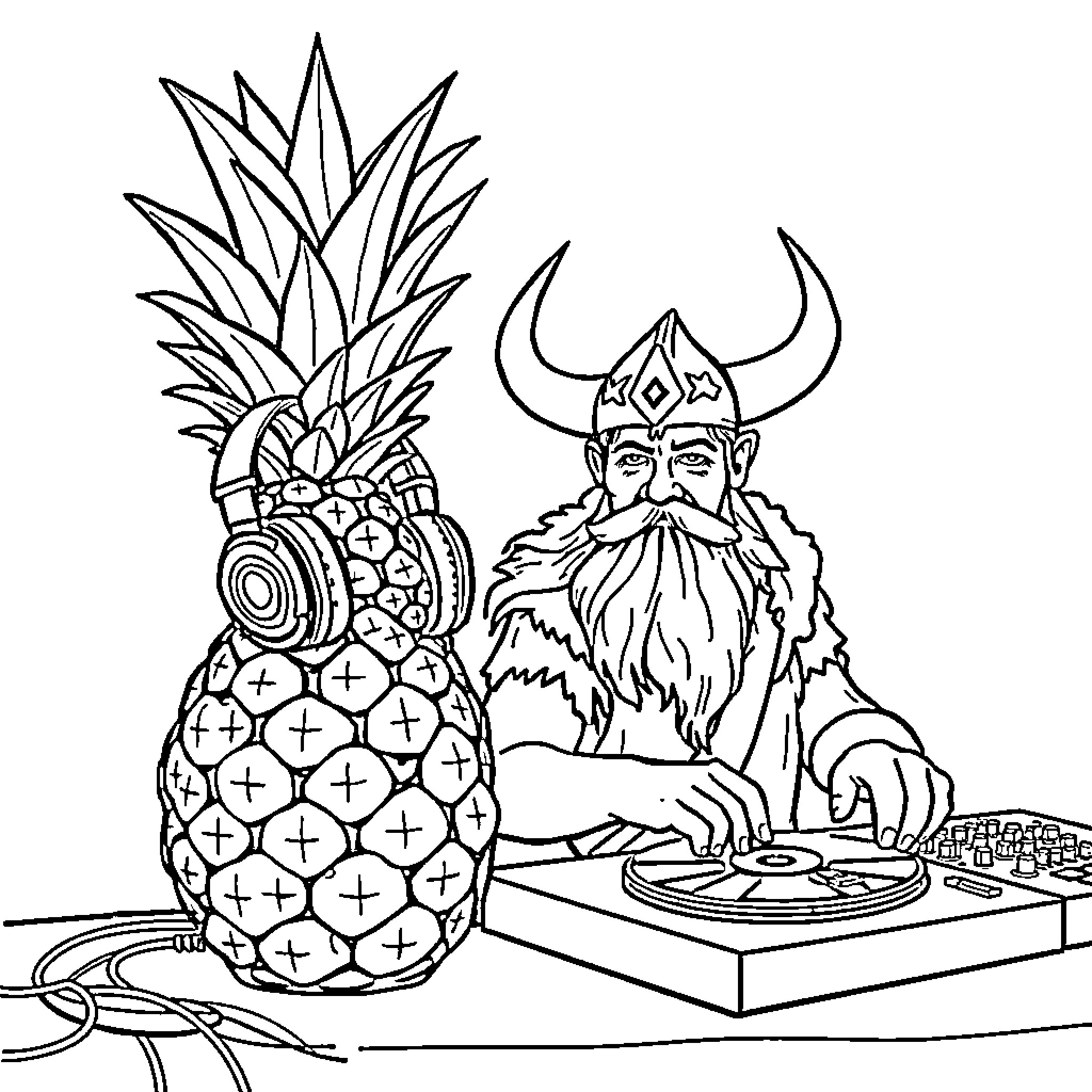 Pineapple Viking DJ mixing music Coloring Page (free black-and-white line drawing printable PDF for all, from beginners to advanced learners, including children, teens, adults, and seniors)