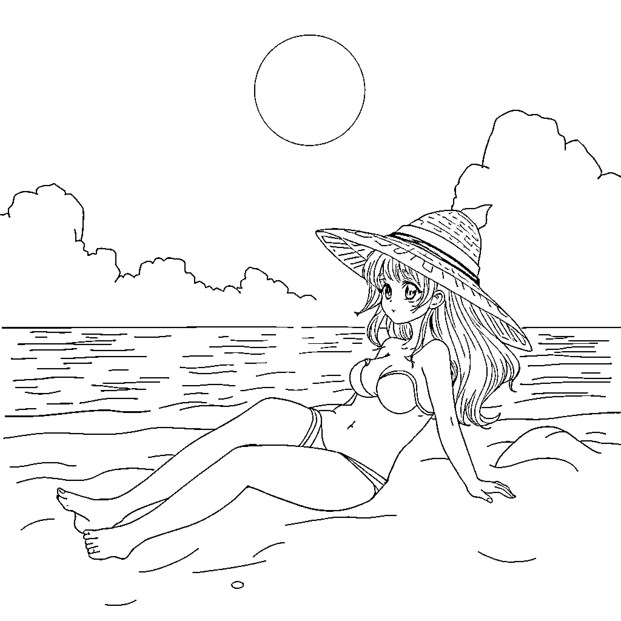 Nesuko relaxing by the shore in a sun hat Coloring Page (free black-and-white line drawing printable PDF for all, from beginners to advanced learners, including children, teens, adults, and seniors)