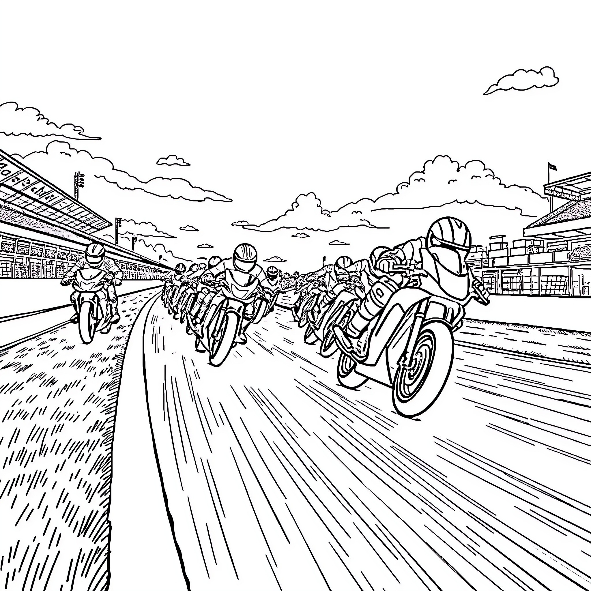 Mini Bike Racers Speeding on the Track Coloring Page (free black-and-white line drawing printable PDF for all, from beginners to advanced learners, including children, teens, adults, and seniors)