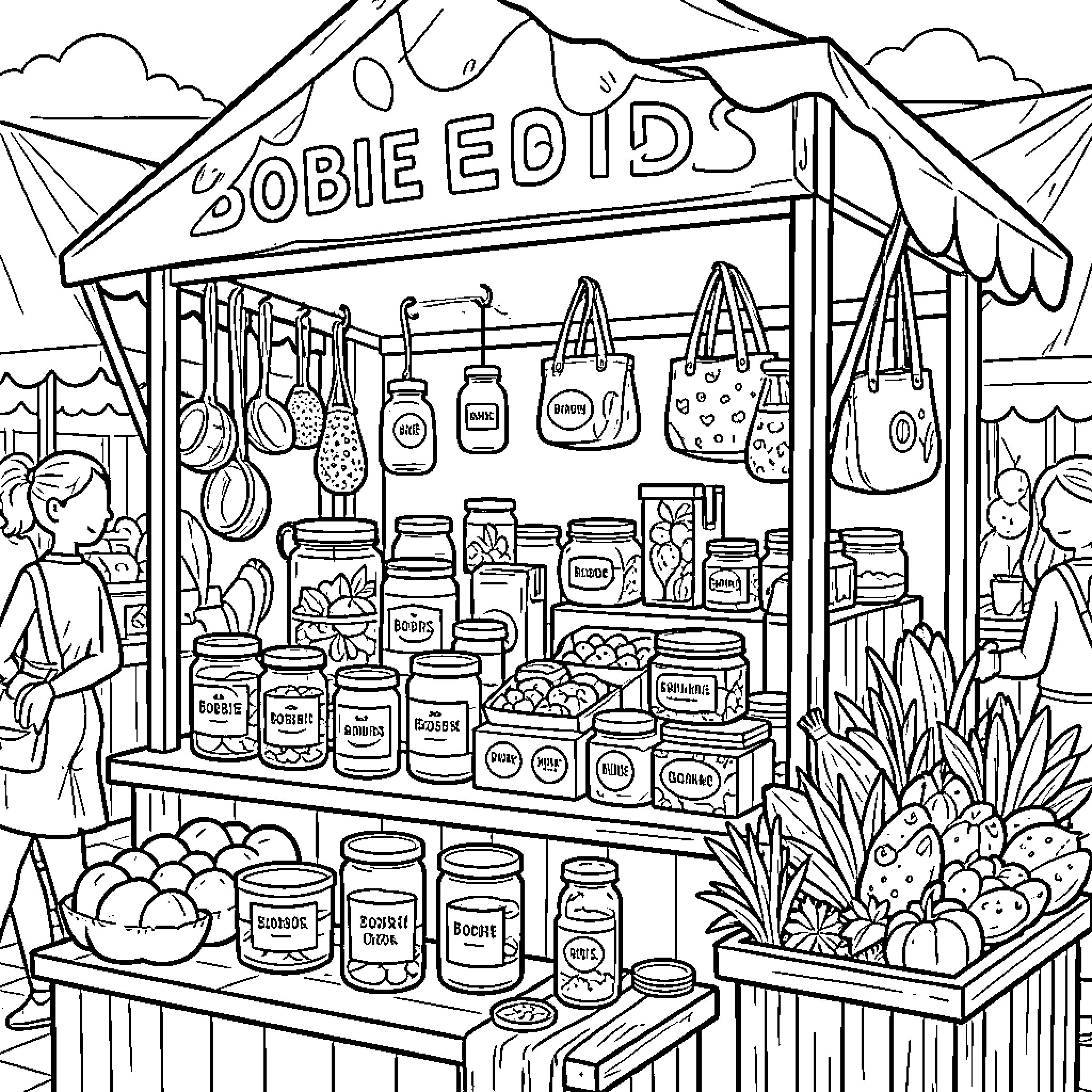 Bobbie Goods' Outdoor Market Stall Coloring Page (free black-and-white line drawing printable PDF for all, from beginners to advanced learners, including children, teens, adults, and seniors)