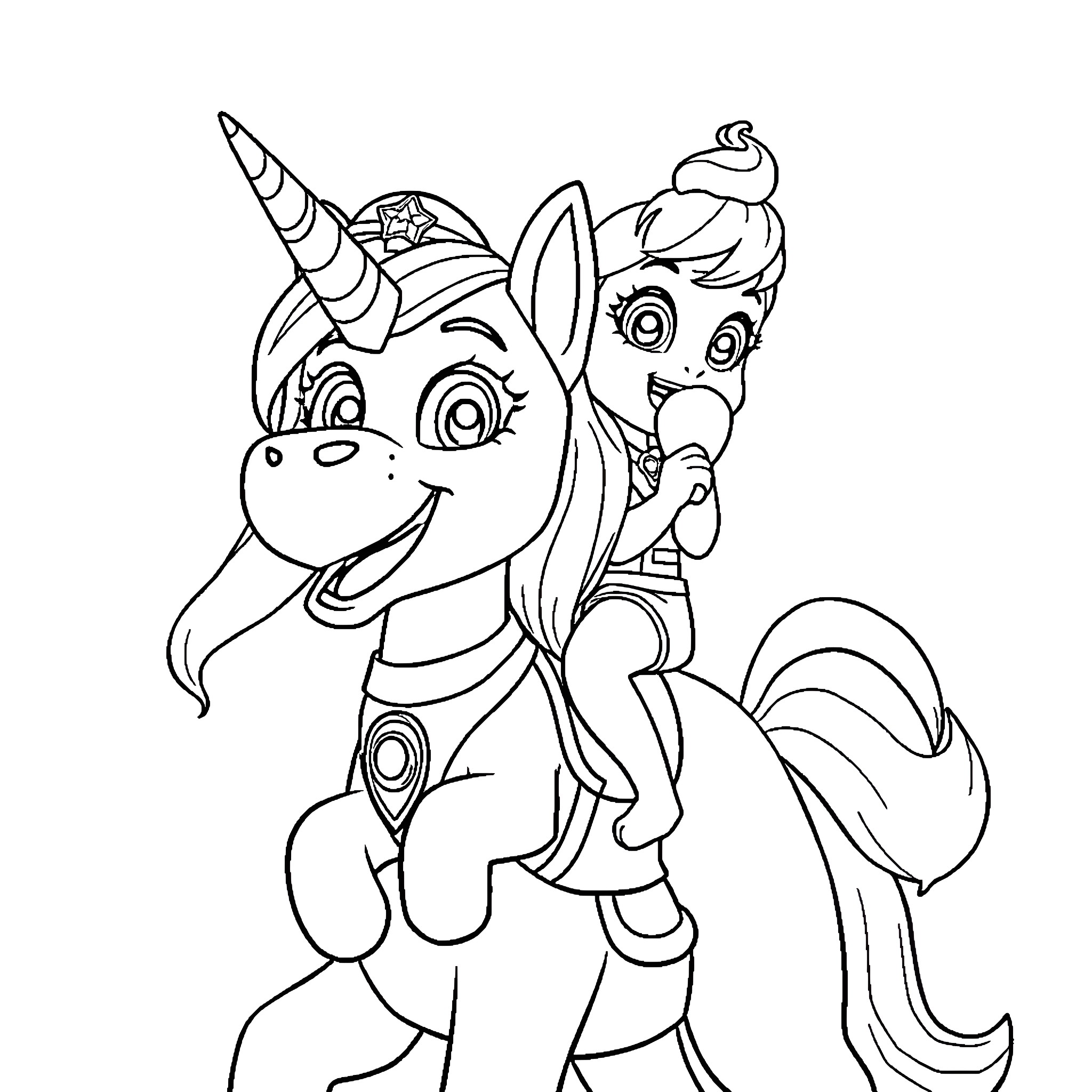 Skye the playful unicorn and her adorable companion Coloring Page (free black-and-white line drawing printable PDF for all, from beginners to advanced learners, including children, teens, adults, and seniors)