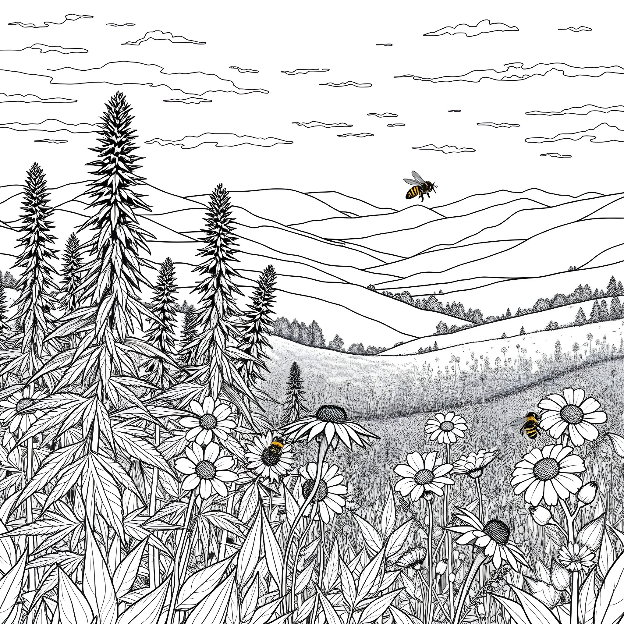 Cannabis Plants and Wildflowers in a Scenic Landscape Coloring Page (free black-and-white line drawing printable PDF for all, from beginners to advanced learners, including children, teens, adults, and seniors)