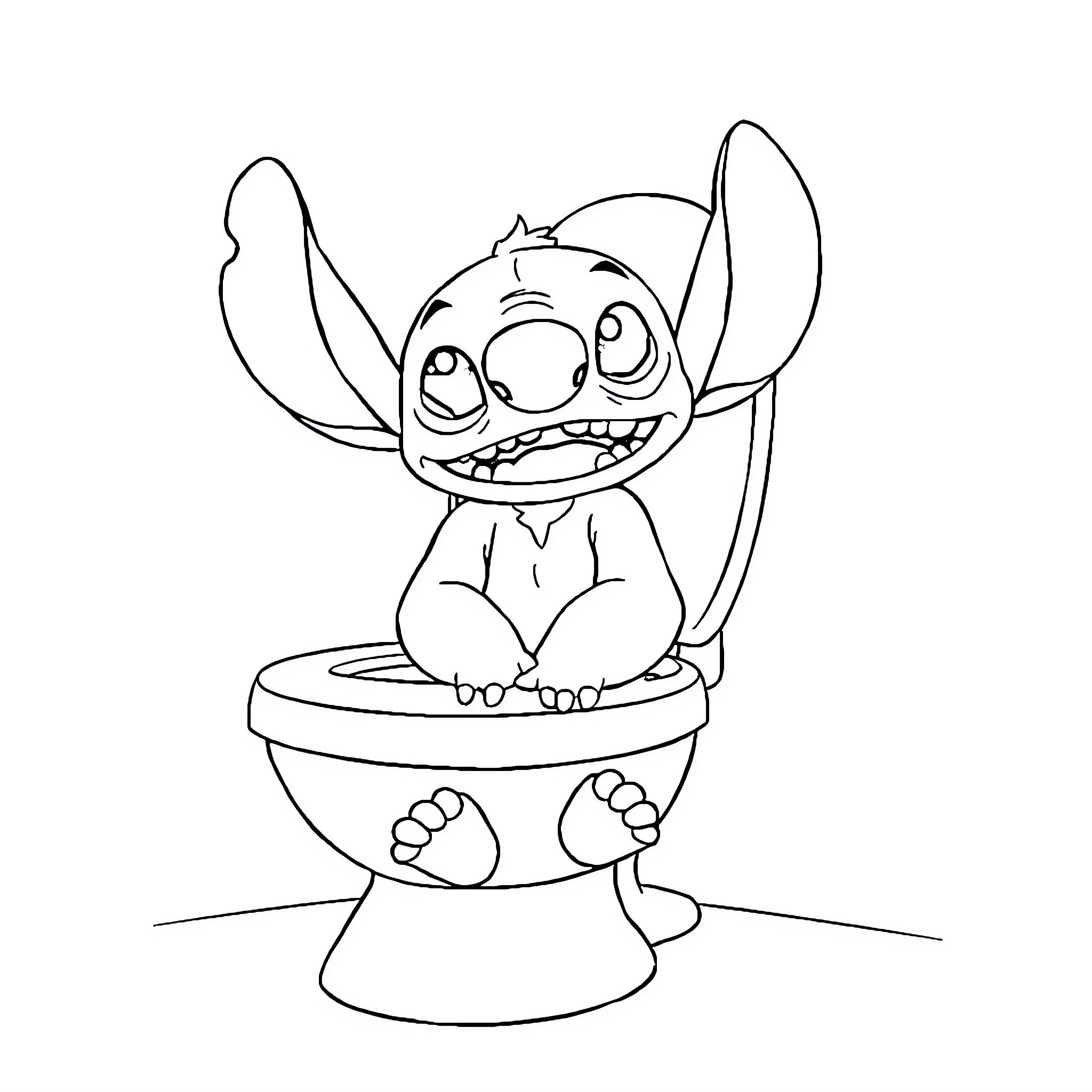 Stitch sitting on the toilet, looking mischievous Coloring Page (free black-and-white line drawing printable PDF for all, from beginners to advanced learners, including children, teens, adults, and seniors)