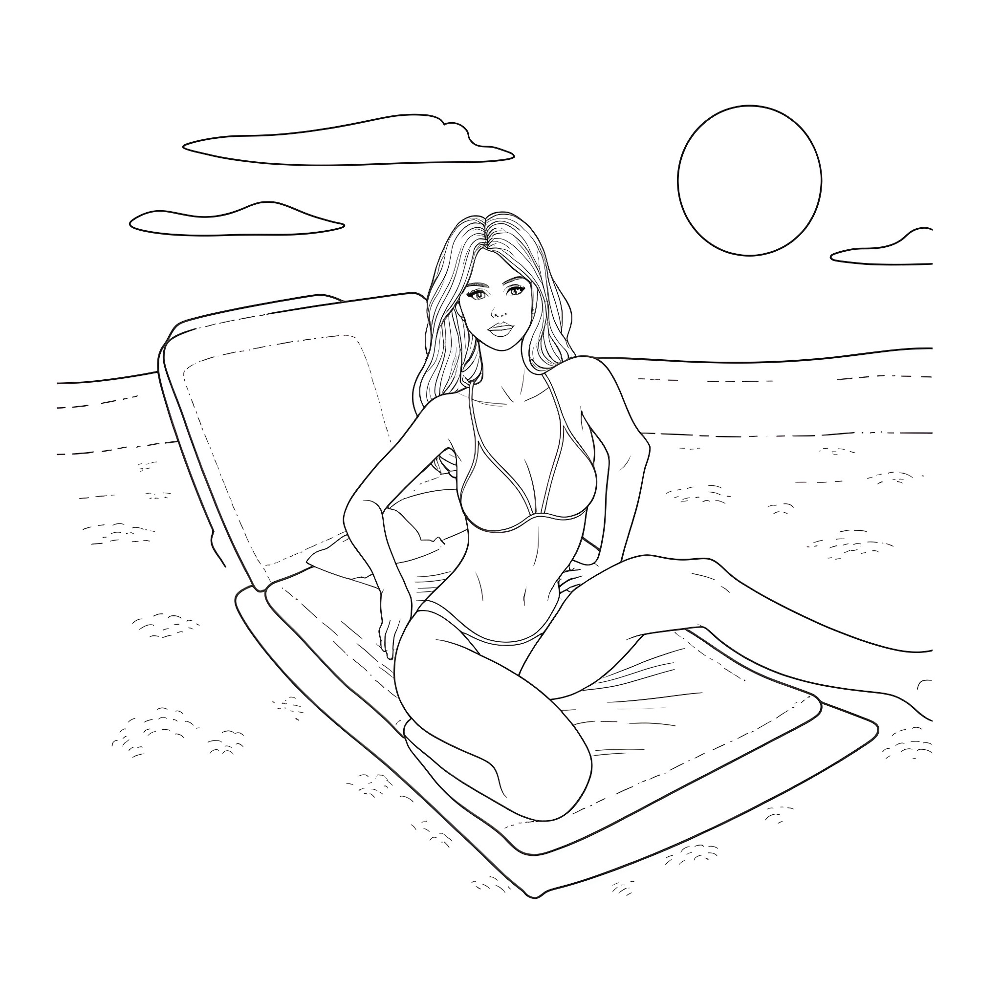 Woman relaxing on the beach chair Coloring Page (free black-and-white line drawing printable PDF for all, from beginners to advanced learners, including children, teens, adults, and seniors)