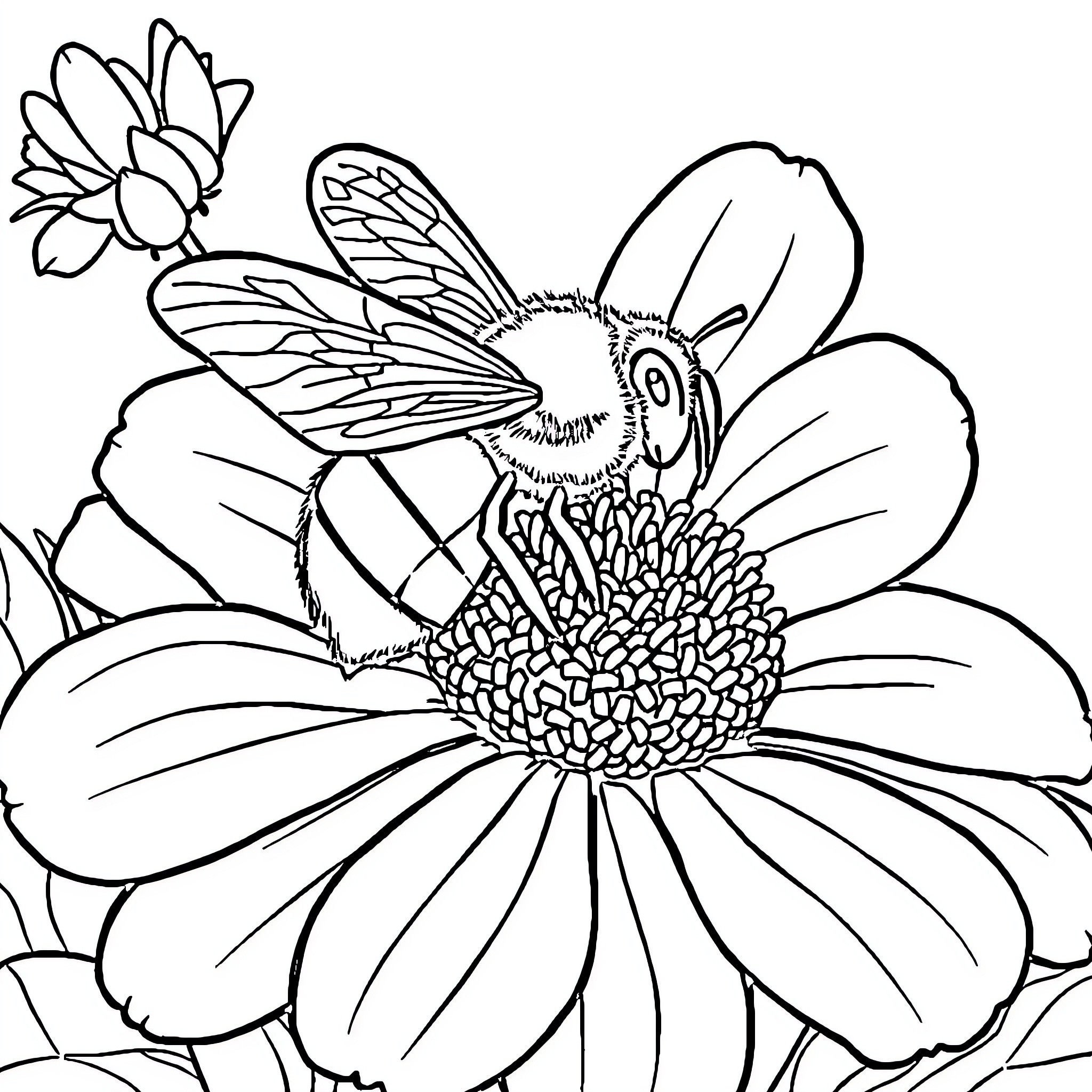 Bee hovering over a detailed flower Coloring Page (free black-and-white line drawing printable PDF for all, from beginners to advanced learners, including children, teens, adults, and seniors)