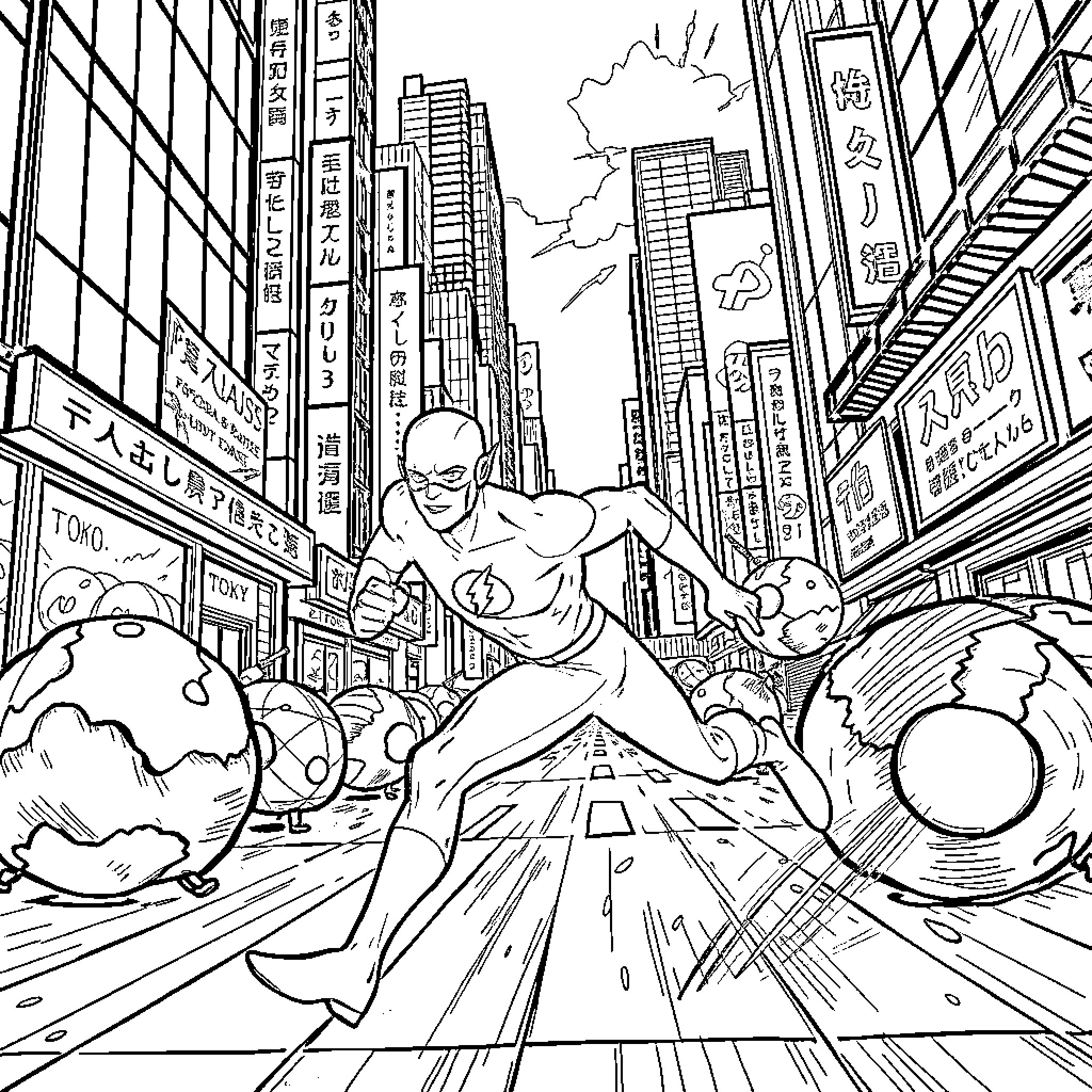 Flash Soaring Through the Futuristic City Coloring Page (free black-and-white line drawing printable PDF for all, from beginners to advanced learners, including children, teens, adults, and seniors)