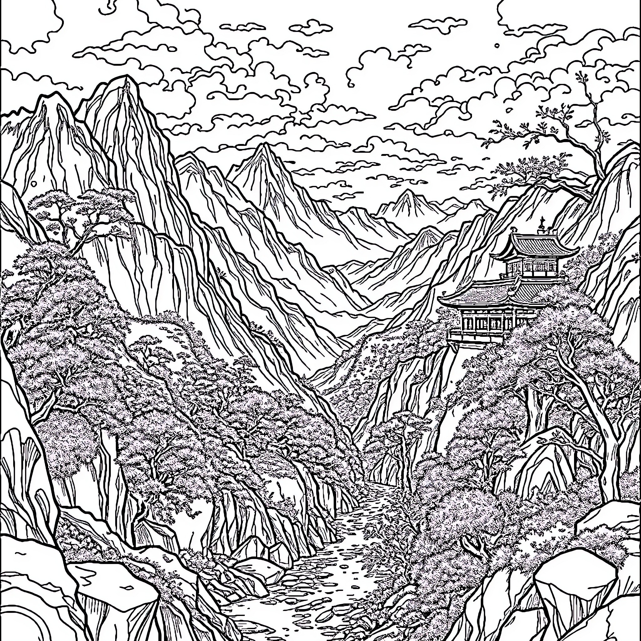 China Scenic Mountain Landscape with Pagoda Coloring Page (free black-and-white line drawing printable PDF for all, from beginners to advanced learners, including children, teens, adults, and seniors)