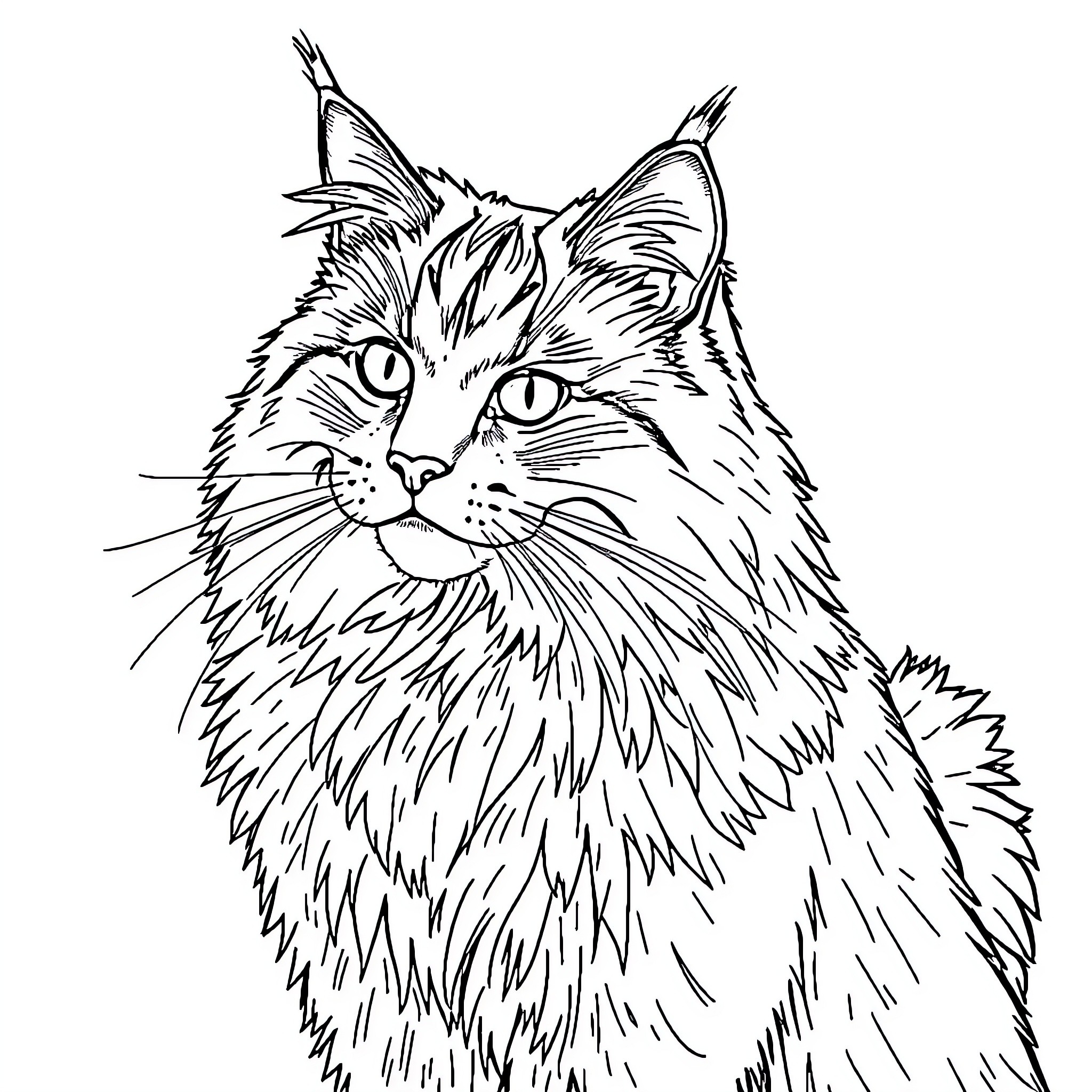 Maine Coon cat with alert expression Coloring Page (free black-and-white line drawing printable PDF for all, from beginners to advanced learners, including children, teens, adults, and seniors)