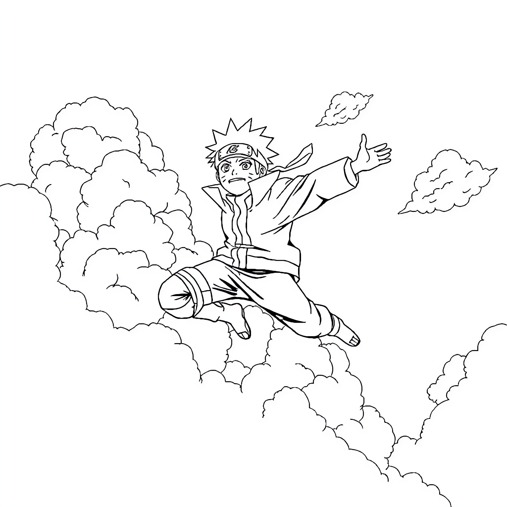 Naruto jumping through the clouds with ninja energy Coloring Page (free black-and-white line drawing printable PDF for all, from beginners to advanced learners, including children, teens, adults, and seniors)