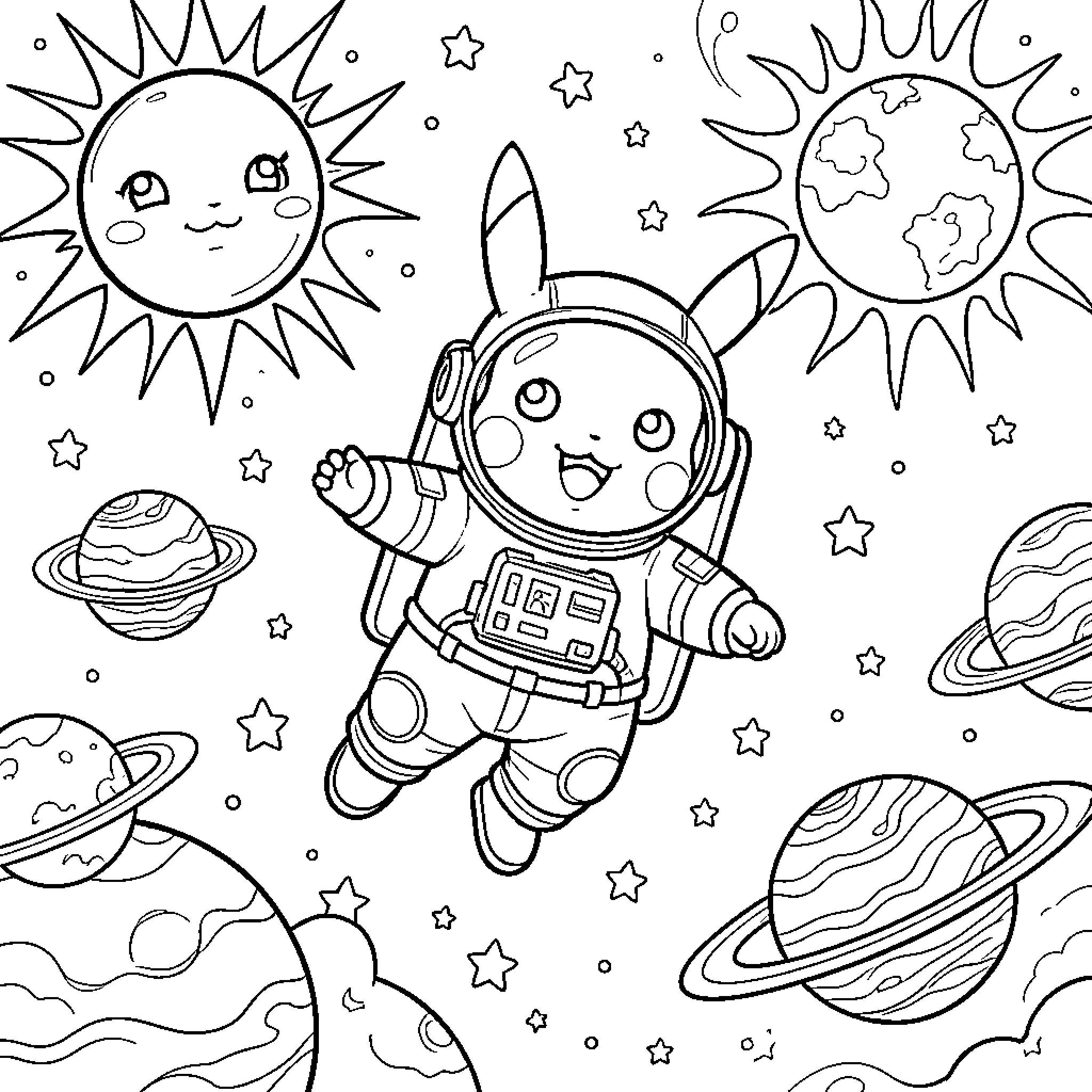 Pikachu's Cosmic Adventure Coloring Page (free black-and-white line drawing printable PDF for all, from beginners to advanced learners, including children, teens, adults, and seniors)
