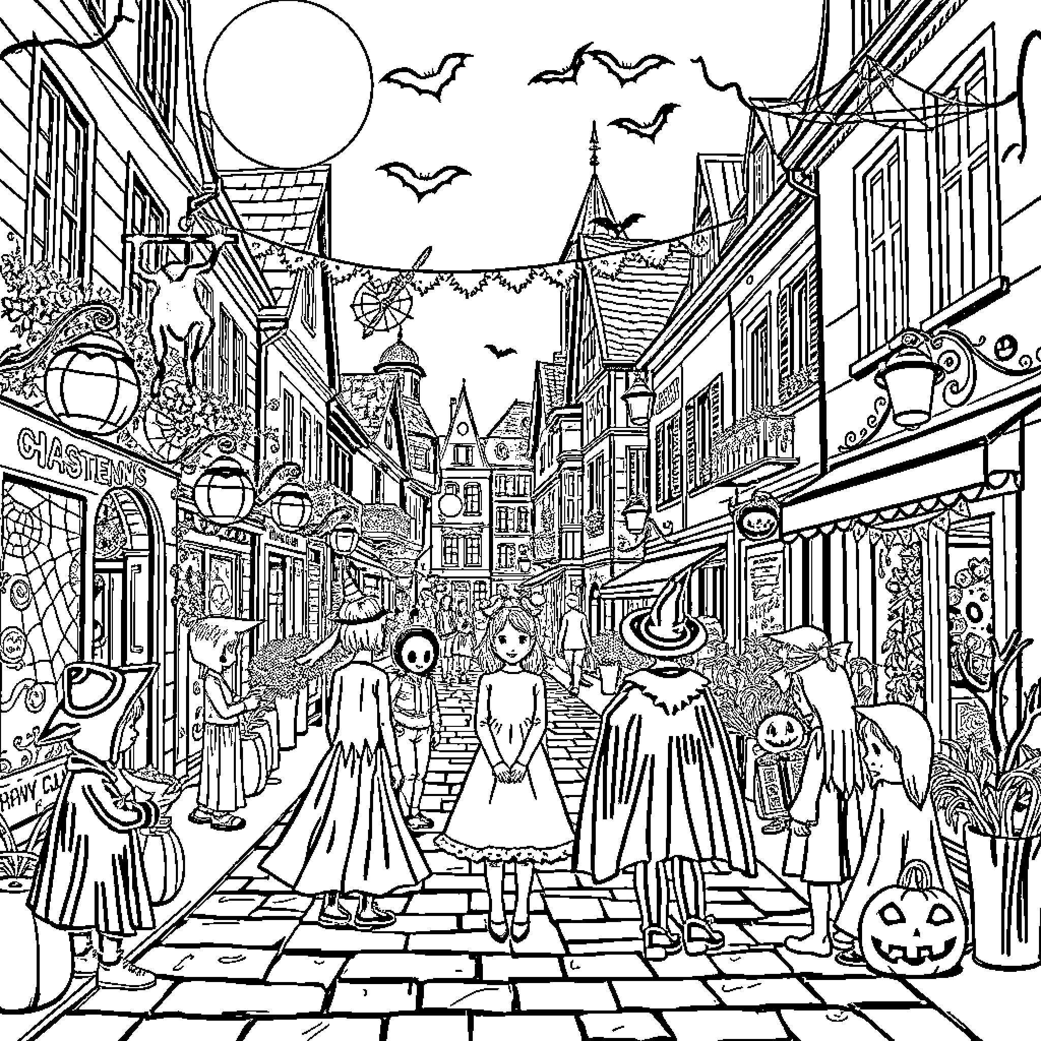 Halloween in a Magical Town with Costumed Revelers Coloring Page (free black-and-white line drawing printable PDF for all, from beginners to advanced learners, including children, teens, adults, and seniors)