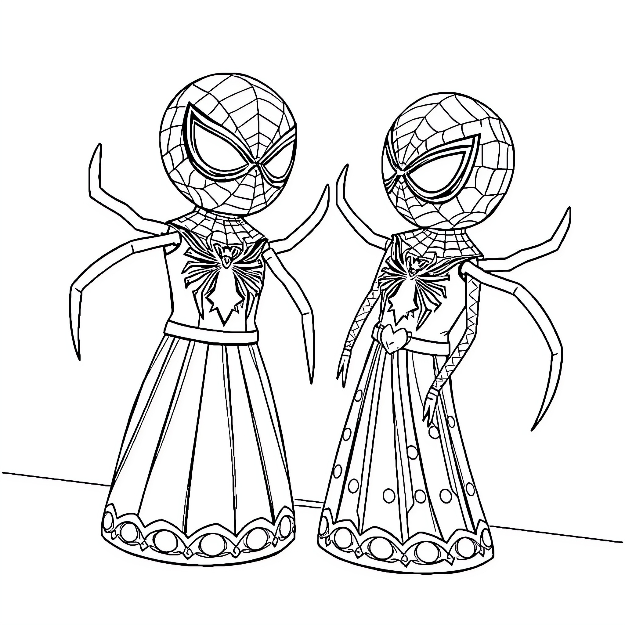 Spider-Man characters in elaborate costumes Coloring Page (free black-and-white line drawing printable PDF for all, from beginners to advanced learners, including children, teens, adults, and seniors)