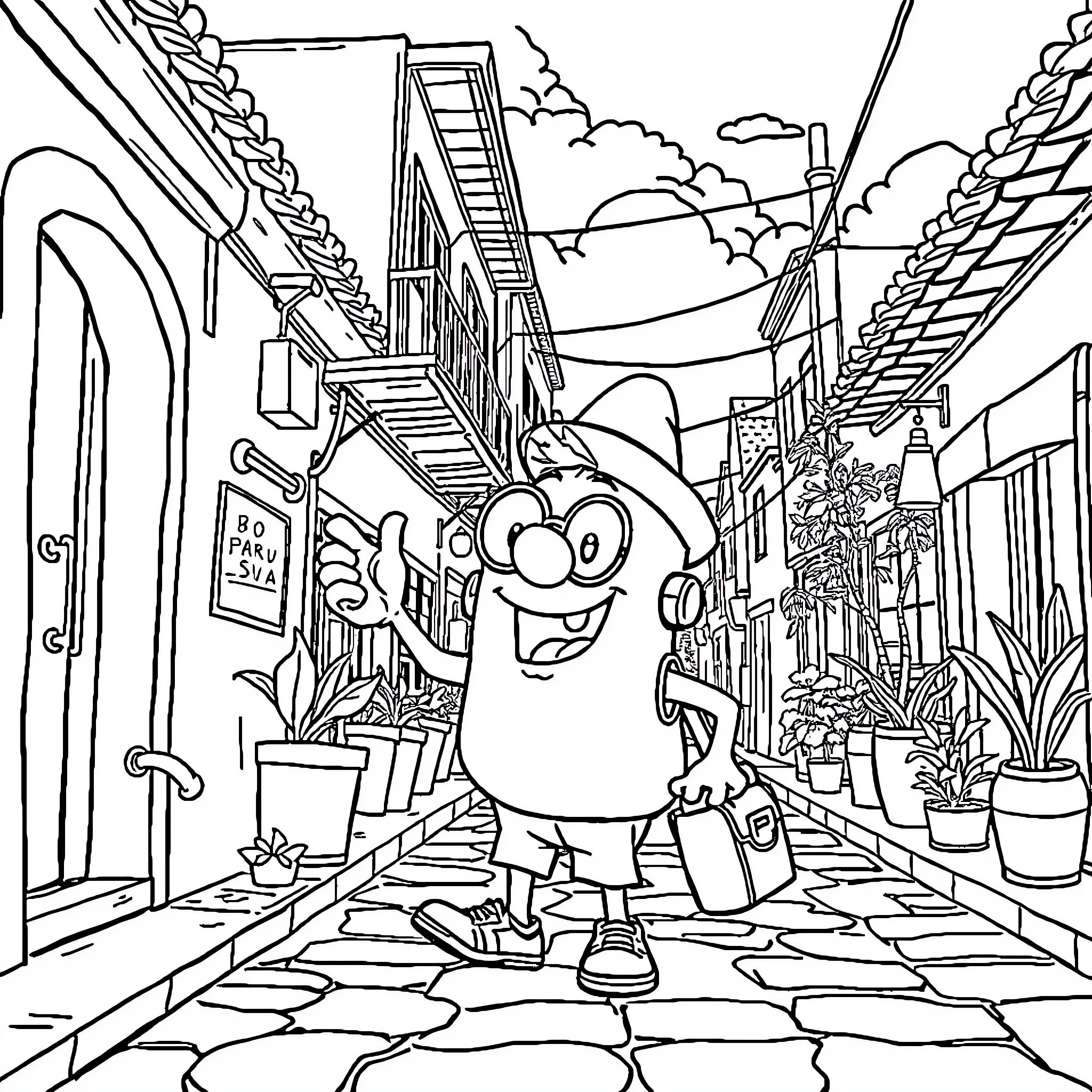 Spongebob exploring a whimsical city street Coloring Page (free black-and-white line drawing printable PDF for all, from beginners to advanced learners, including children, teens, adults, and seniors)