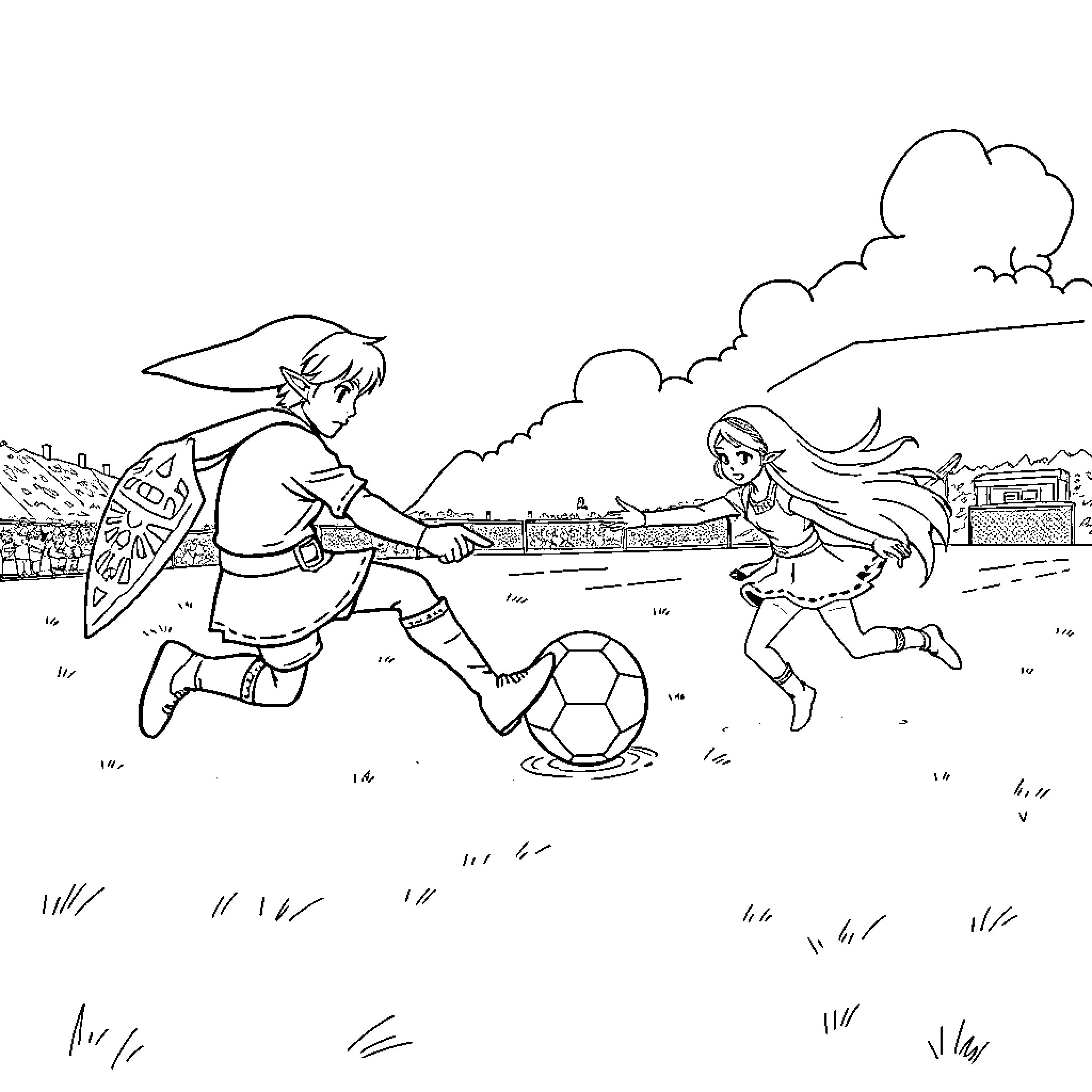 Link and friend playing soccer on the field Coloring Page (free black-and-white line drawing printable PDF for all, from beginners to advanced learners, including children, teens, adults, and seniors)