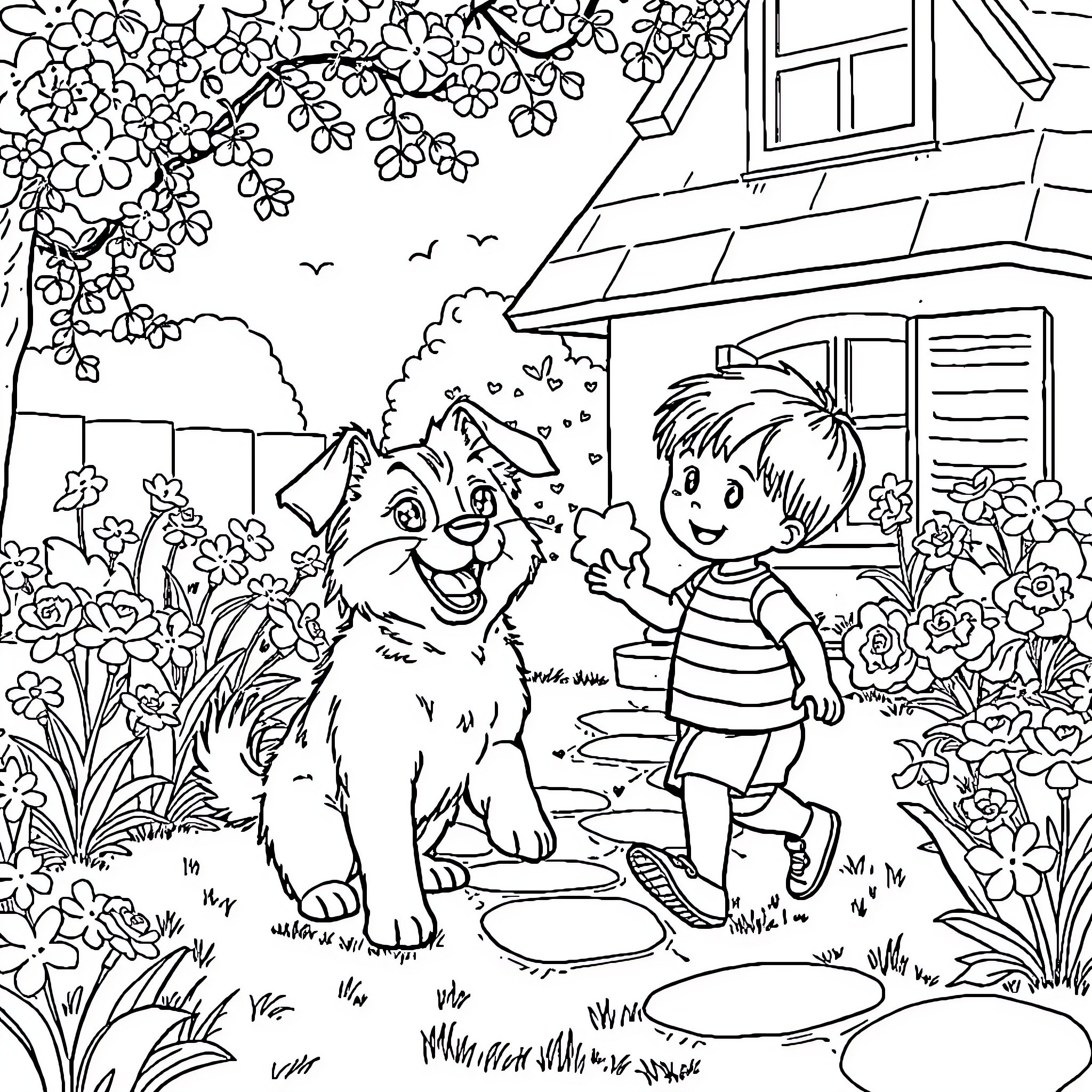 Dog and Boy Enjoying Nature Together Coloring Page (free black-and-white line drawing printable PDF for all, from beginners to advanced learners, including children, teens, adults, and seniors)