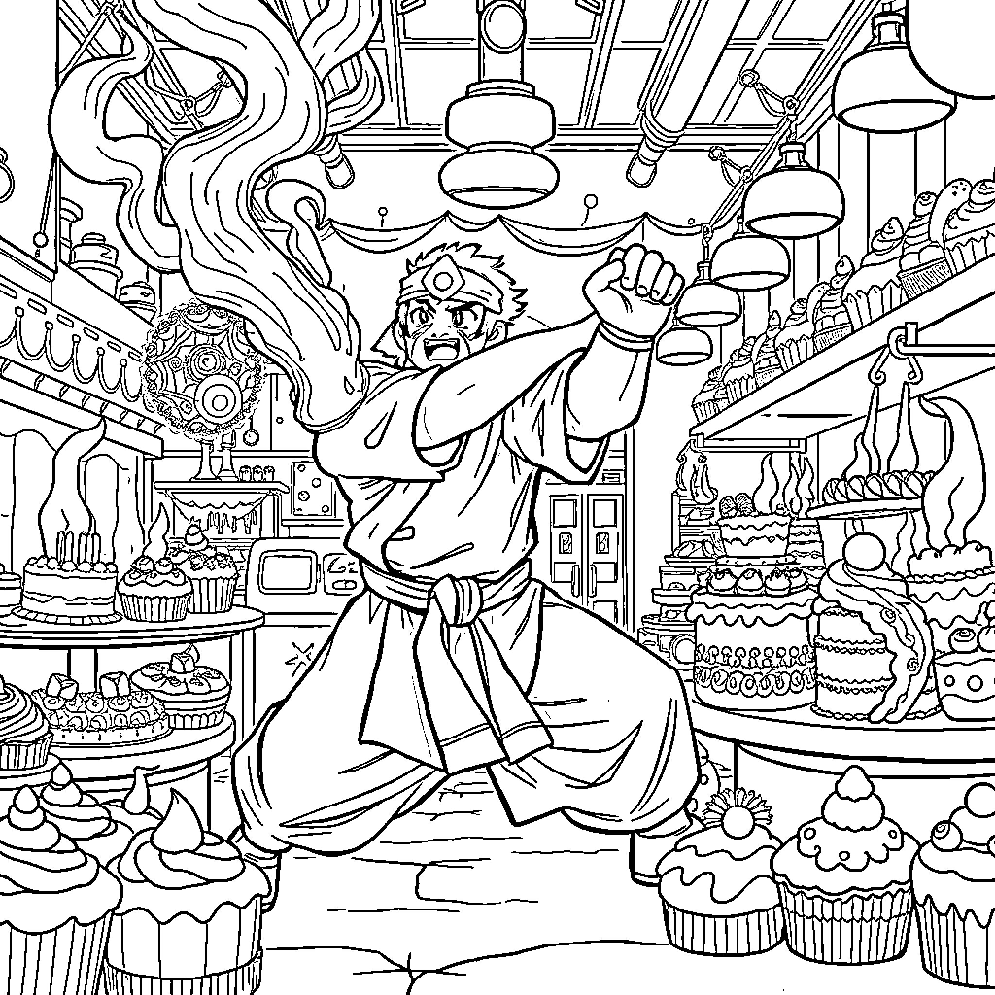 Kaido creating a fiery culinary masterpiece Coloring Page (free black-and-white line drawing printable PDF for all, from beginners to advanced learners, including children, teens, adults, and seniors)