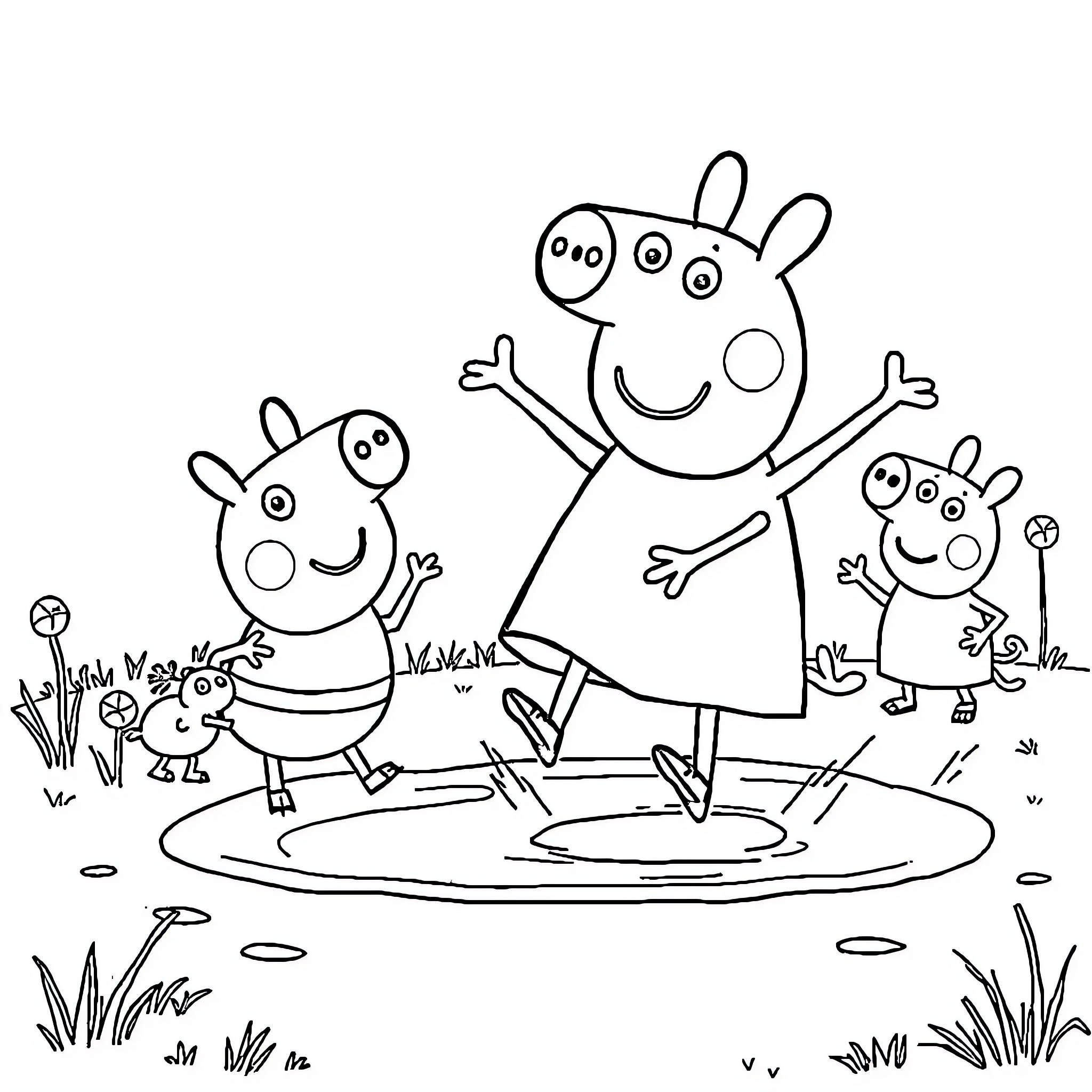 Peppa Pig and family enjoying playtime outdoors Coloring Page (free black-and-white line drawing printable PDF for all, from beginners to advanced learners, including children, teens, adults, and seniors)