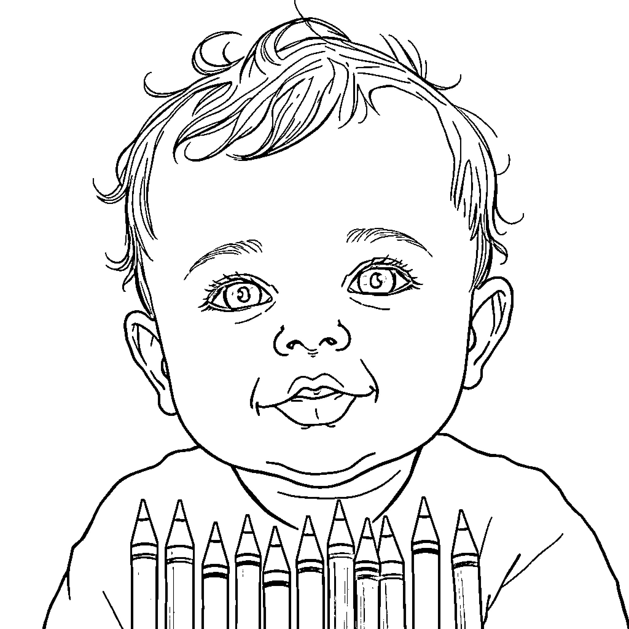 Baby playing with crayons Coloring Page (free black-and-white line drawing printable PDF for all, from beginners to advanced learners, including children, teens, adults, and seniors)