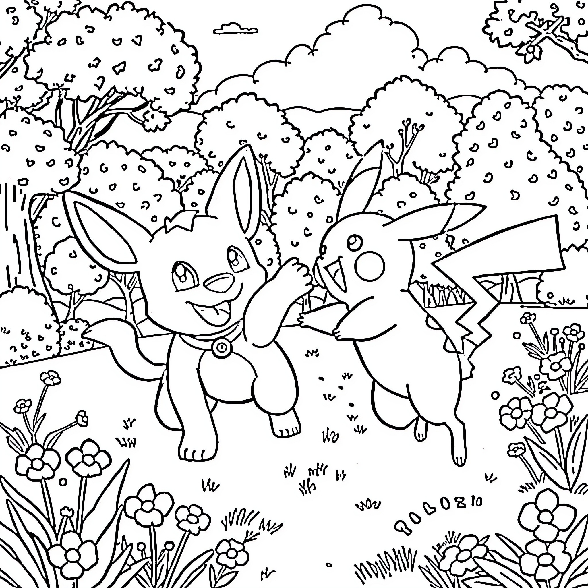 Bluey and Friends Explore the Enchanted Forest Coloring Page (free black-and-white line drawing printable PDF for all, from beginners to advanced learners, including children, teens, adults, and seniors)