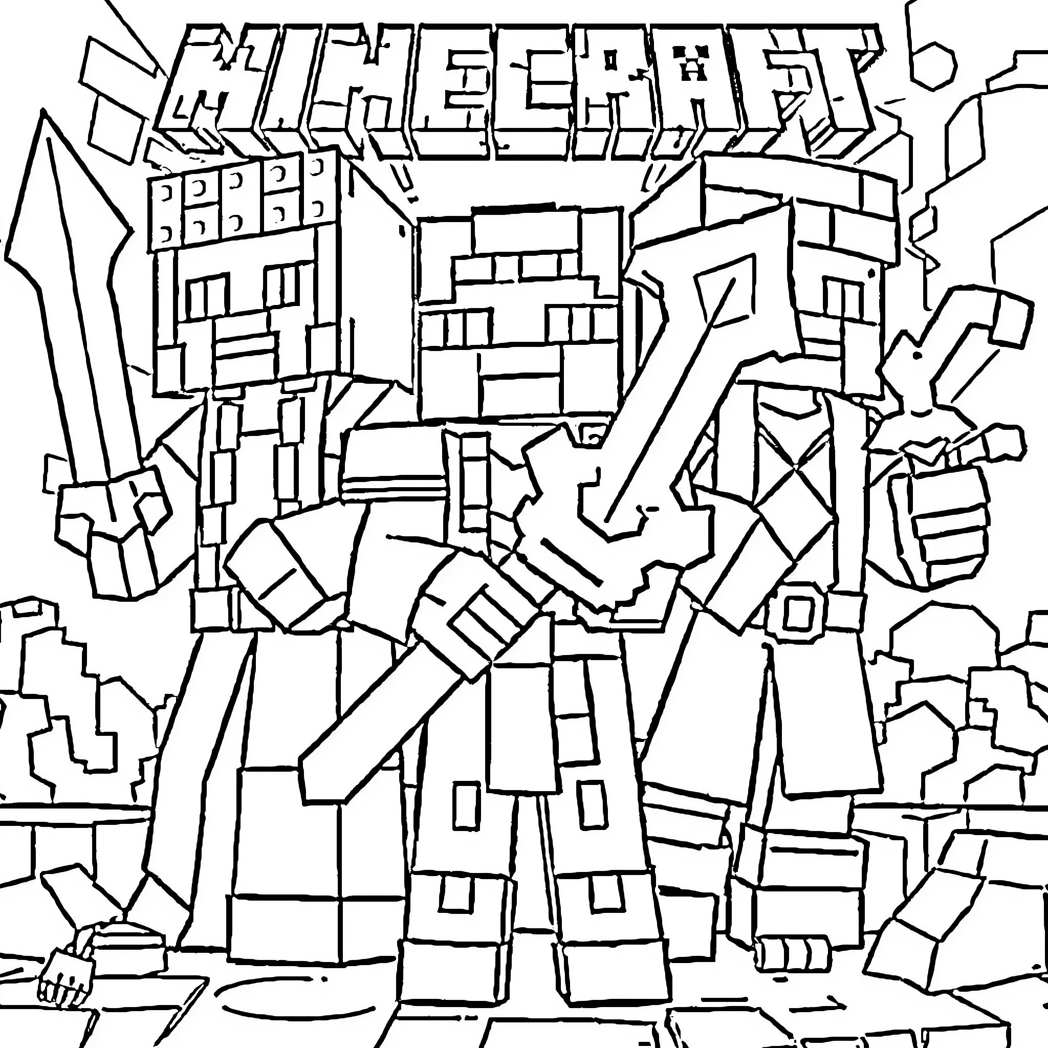 Arcane Minecraft Players in Action Coloring Page (free black-and-white line drawing printable PDF for all, from beginners to advanced learners, including children, teens, adults, and seniors)