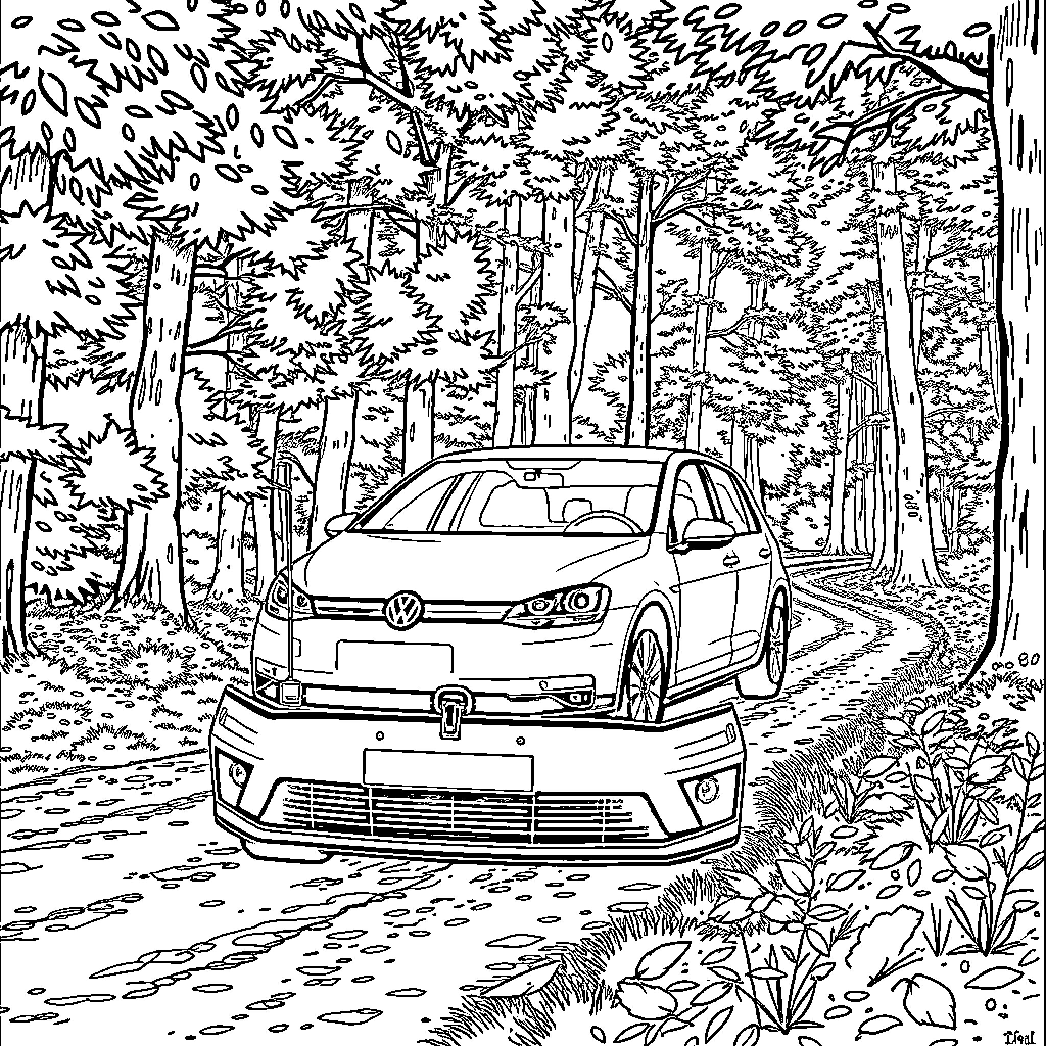 Volkswagen driving through the lush forest landscape Coloring Page (free black-and-white line drawing printable PDF for all, from beginners to advanced learners, including children, teens, adults, and seniors)