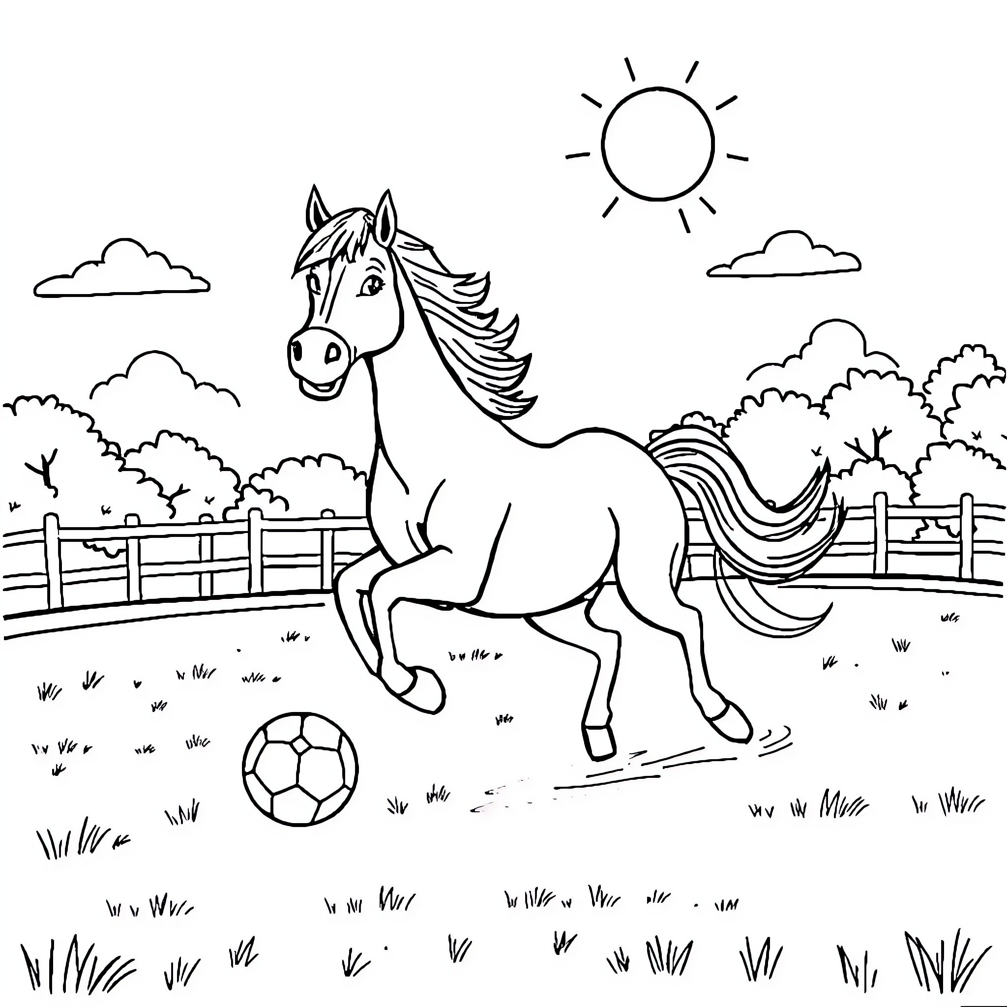 Horse playing with soccer ball in the countryside Coloring Page (free black-and-white line drawing printable PDF for all, from beginners to advanced learners, including children, teens, adults, and seniors)