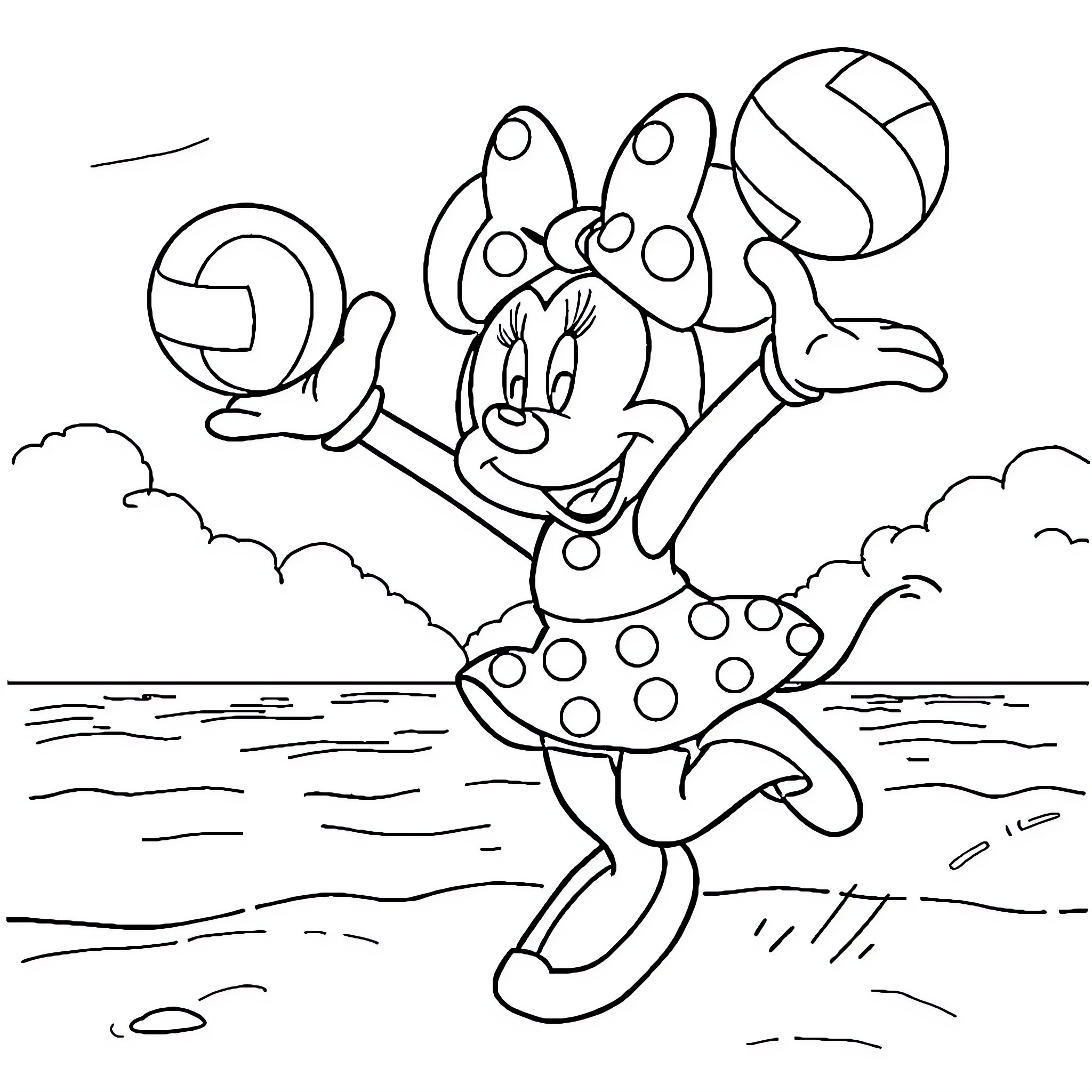 Minnie Mouse enjoying a day at the beach Coloring Page (free black-and-white line drawing printable PDF for all, from beginners to advanced learners, including children, teens, adults, and seniors)