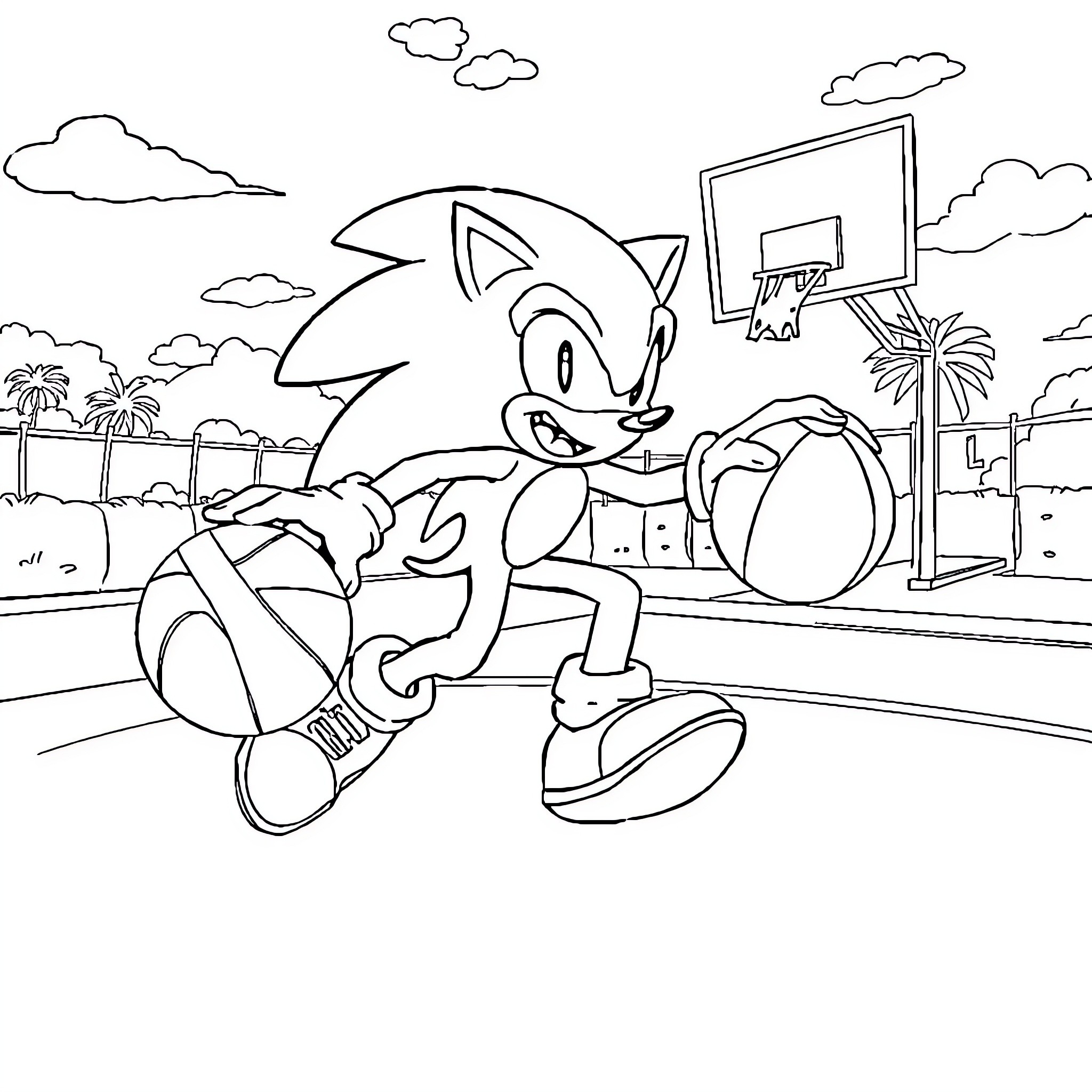 Sonic playing basketball on the court Coloring Page (free black-and-white line drawing printable PDF for all, from beginners to advanced learners, including children, teens, adults, and seniors)