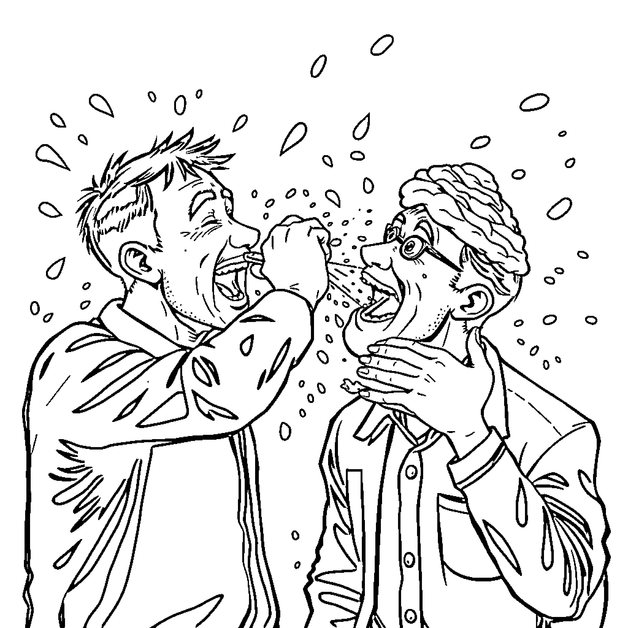 Man playing with bubbles with another man Coloring Page (free black-and-white line drawing printable PDF for all, from beginners to advanced learners, including children, teens, adults, and seniors)