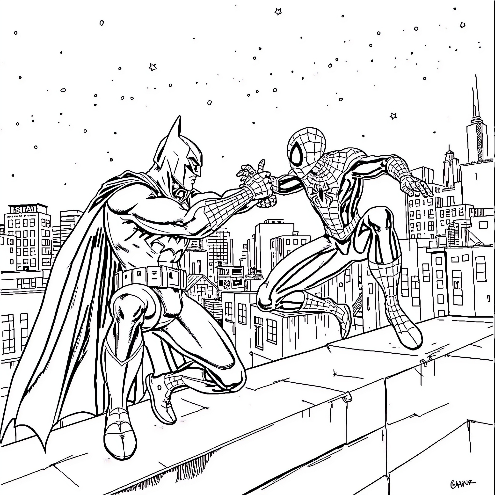 Batman and Spider-Man fighting crime in the city Coloring Page (free black-and-white line drawing printable PDF for all, from beginners to advanced learners, including children, teens, adults, and seniors)