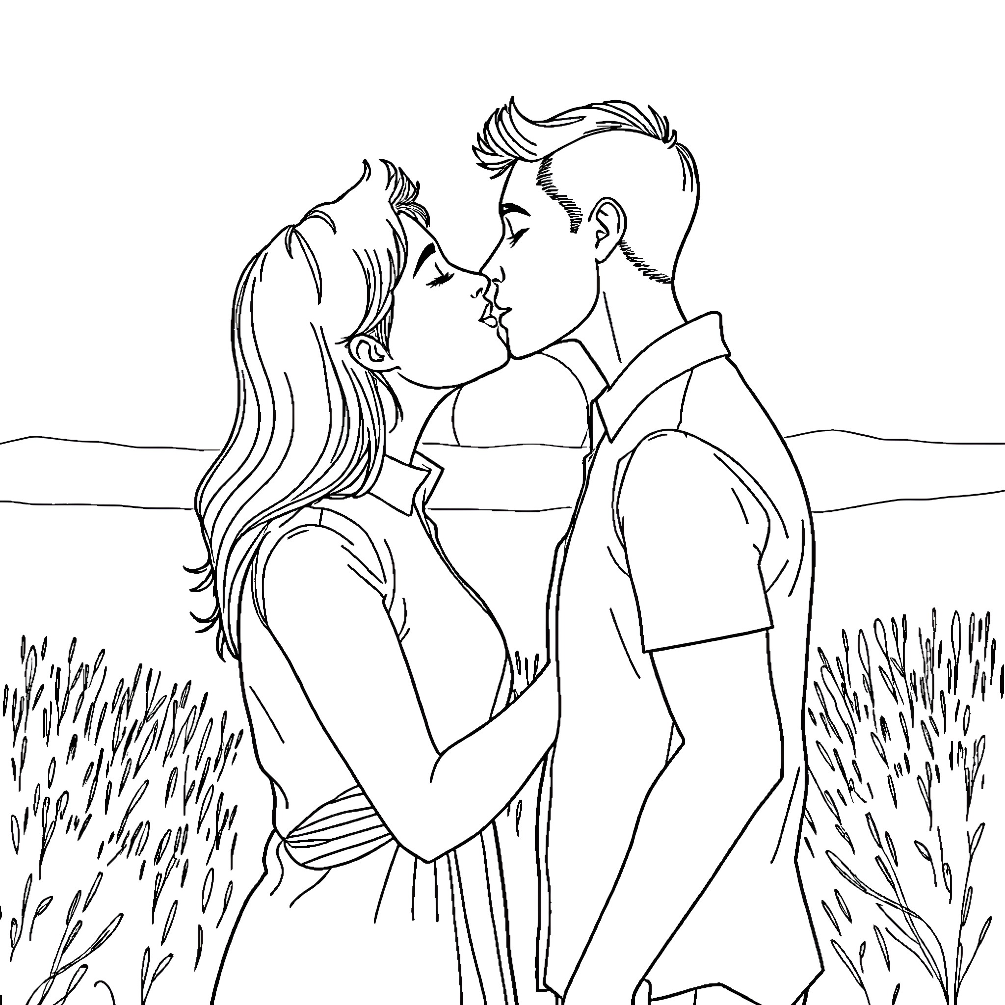 Couple embracing affectionately in a field Coloring Page (free black-and-white line drawing printable PDF for all, from beginners to advanced learners, including children, teens, adults, and seniors)