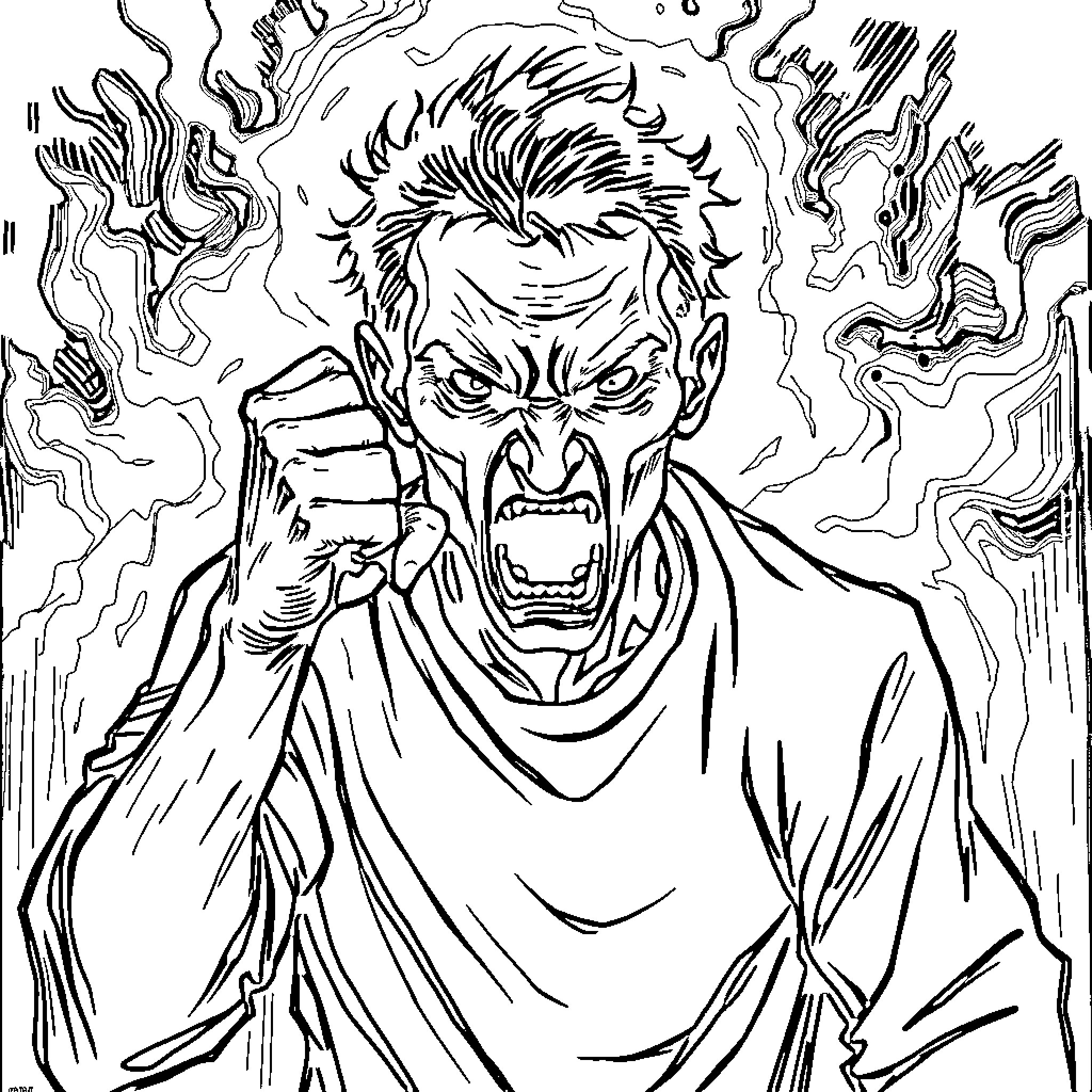 Abstract Intense Supernatural Figure in Dramatic Pose Coloring Page (free black-and-white line drawing printable PDF for all, from beginners to advanced learners, including children, teens, adults, and seniors)