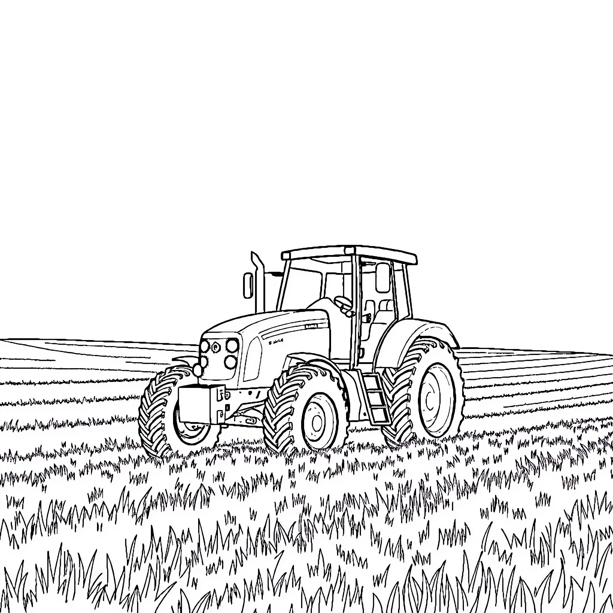 Tractor working in a grassy field Coloring Page (free black-and-white line drawing printable PDF for all, from beginners to advanced learners, including children, teens, adults, and seniors)