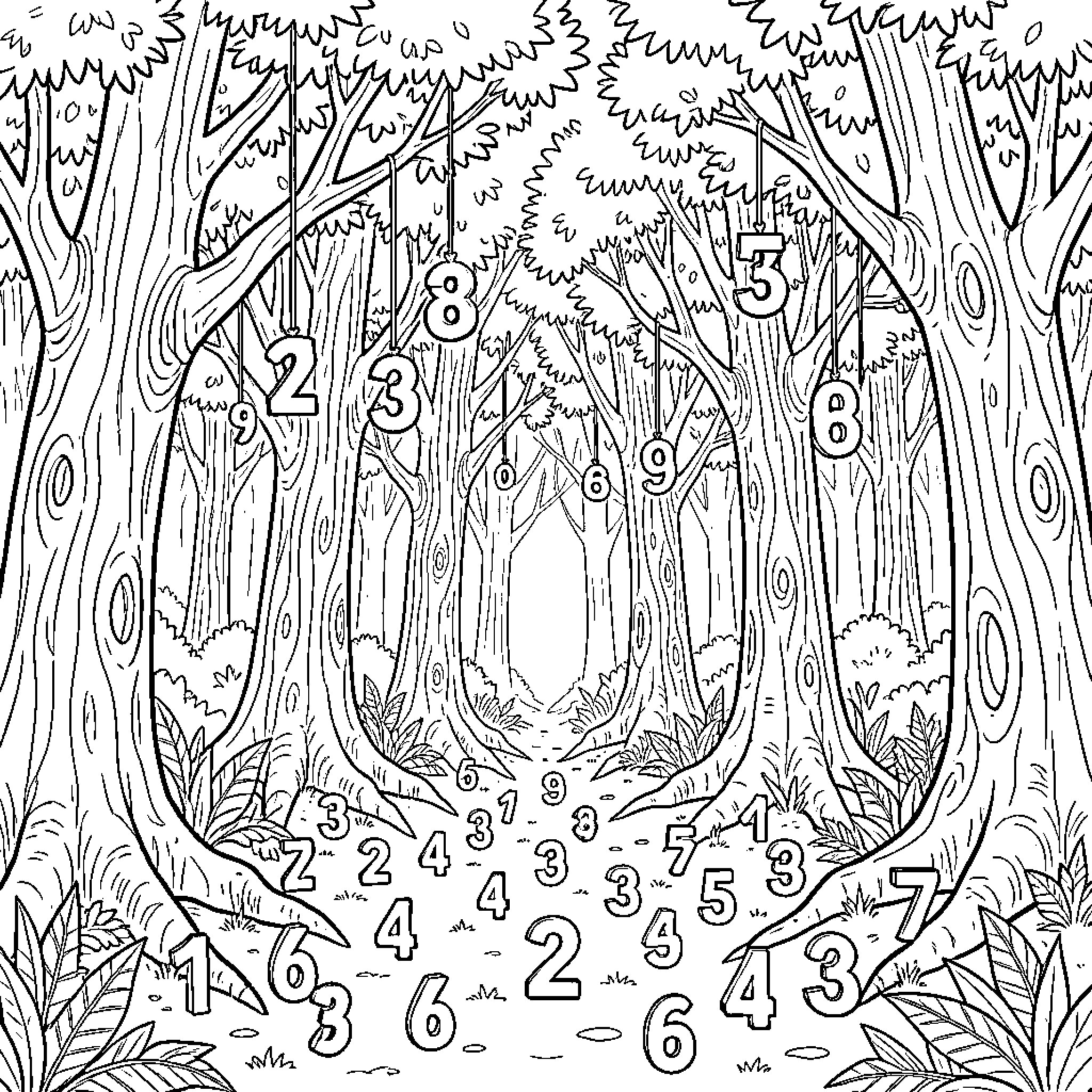 Forest landscape with numbered shapes Coloring Page (free black-and-white line drawing printable PDF for all, from beginners to advanced learners, including children, teens, adults, and seniors)