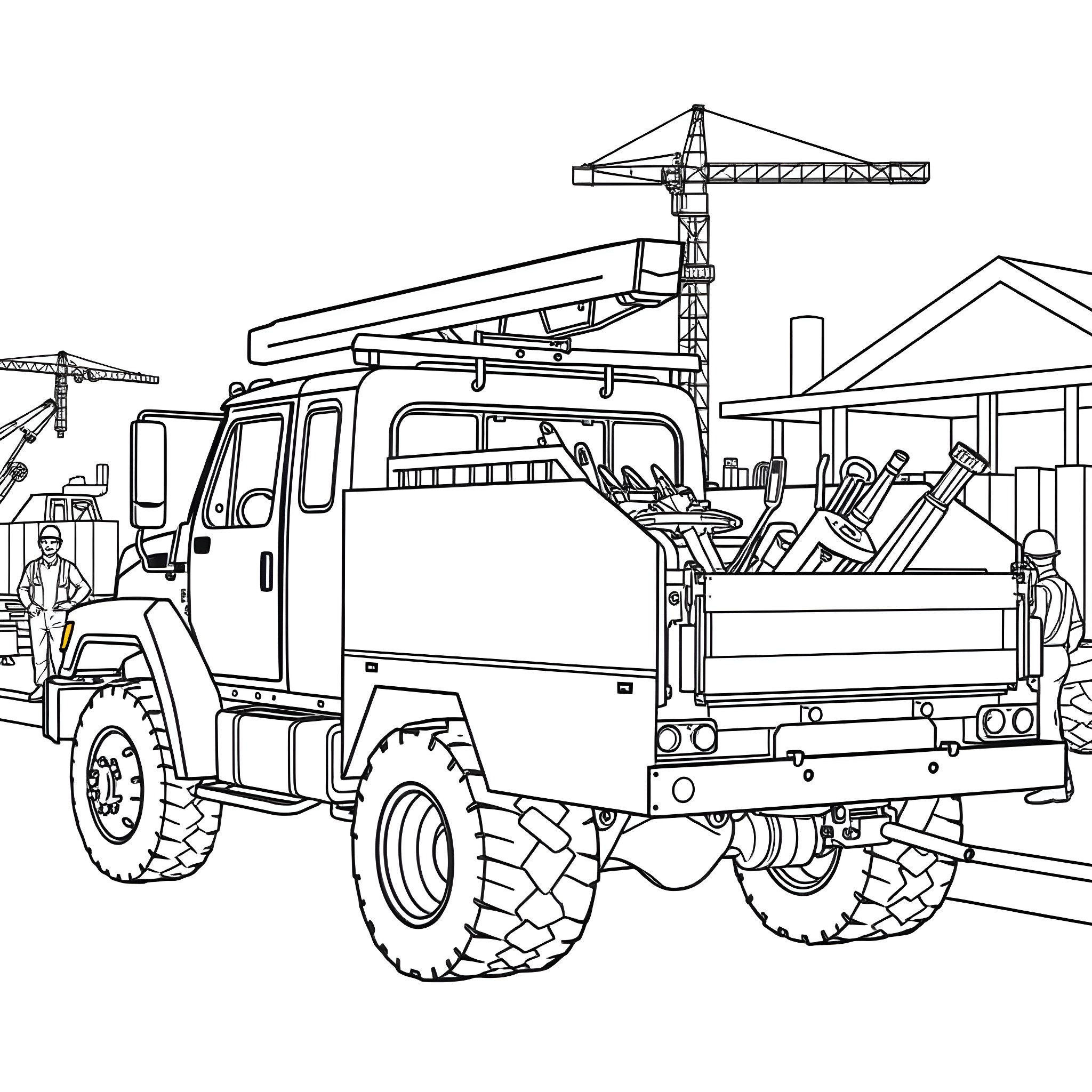 Utility Truck with Construction Crane and Crew Coloring Page (free black-and-white line drawing printable PDF for all, from beginners to advanced learners, including children, teens, adults, and seniors)