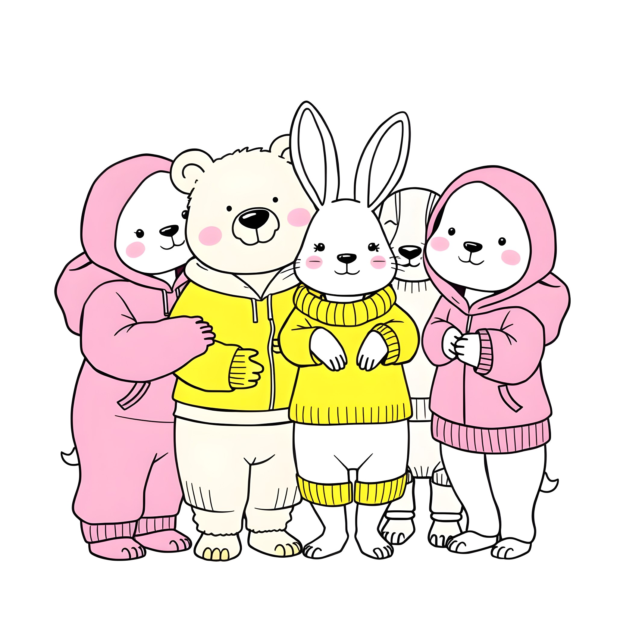 Animal friends in winter coats and scarves Coloring Page (free black-and-white line drawing printable PDF for all, from beginners to advanced learners, including children, teens, adults, and seniors)