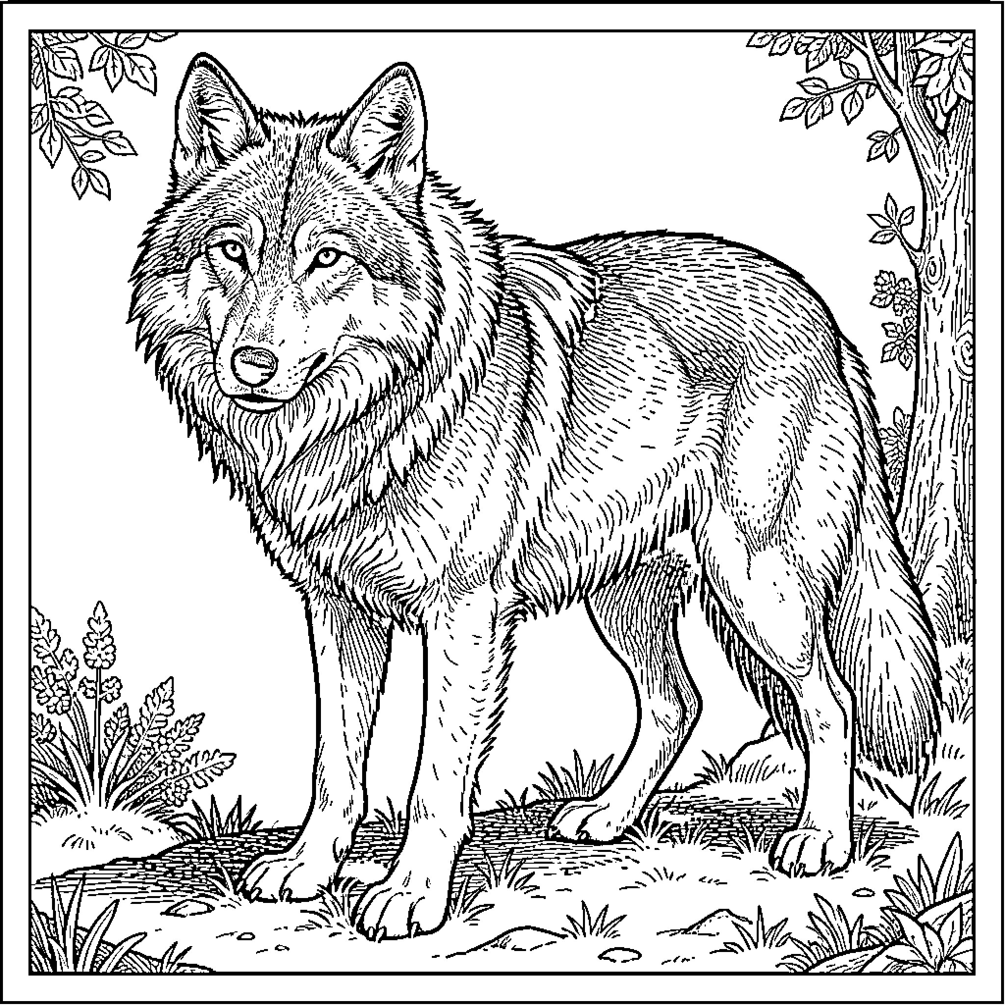 Wolf standing alertly in a forest setting Coloring Page (free black-and-white line drawing printable PDF for all, from beginners to advanced learners, including children, teens, adults, and seniors)