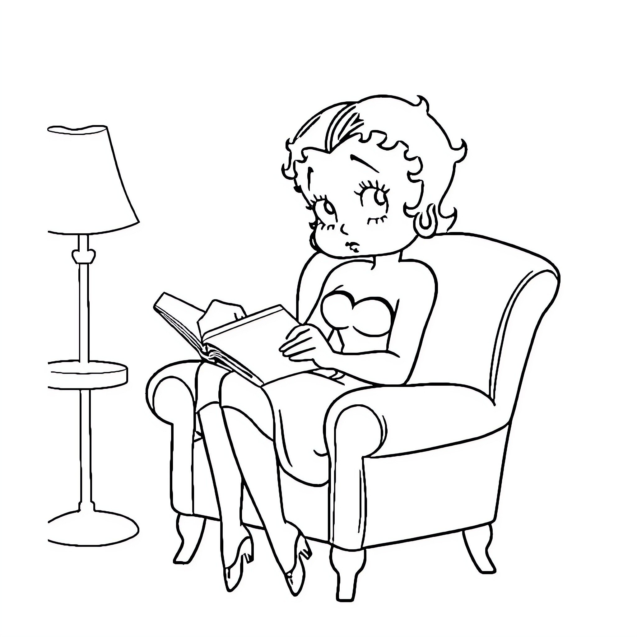 Betty Boop relaxing and reading a book Coloring Page (free black-and-white line drawing printable PDF for all, from beginners to advanced learners, including children, teens, adults, and seniors)