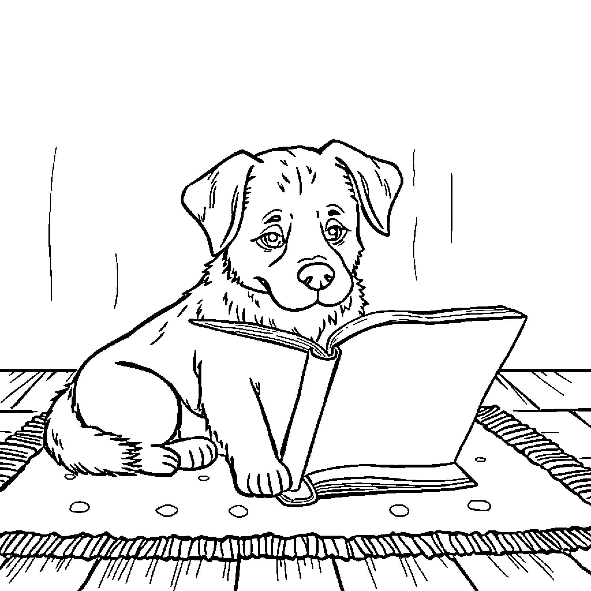 Dog reading book on floor Coloring Page (free black-and-white line drawing printable PDF for all, from beginners to advanced learners, including children, teens, adults, and seniors)