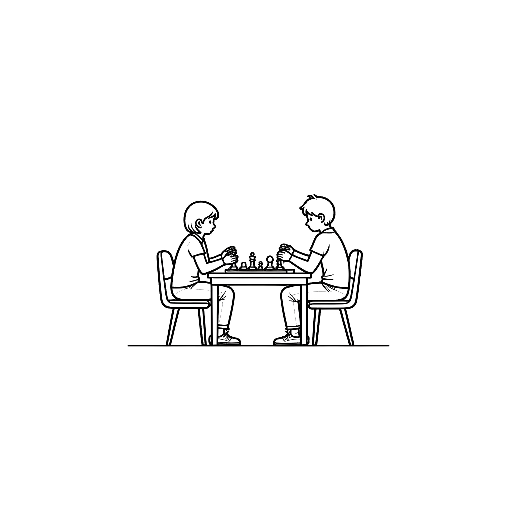 Chess match between two people Coloring Page (free black-and-white line drawing printable PDF for all, from beginners to advanced learners, including children, teens, adults, and seniors)