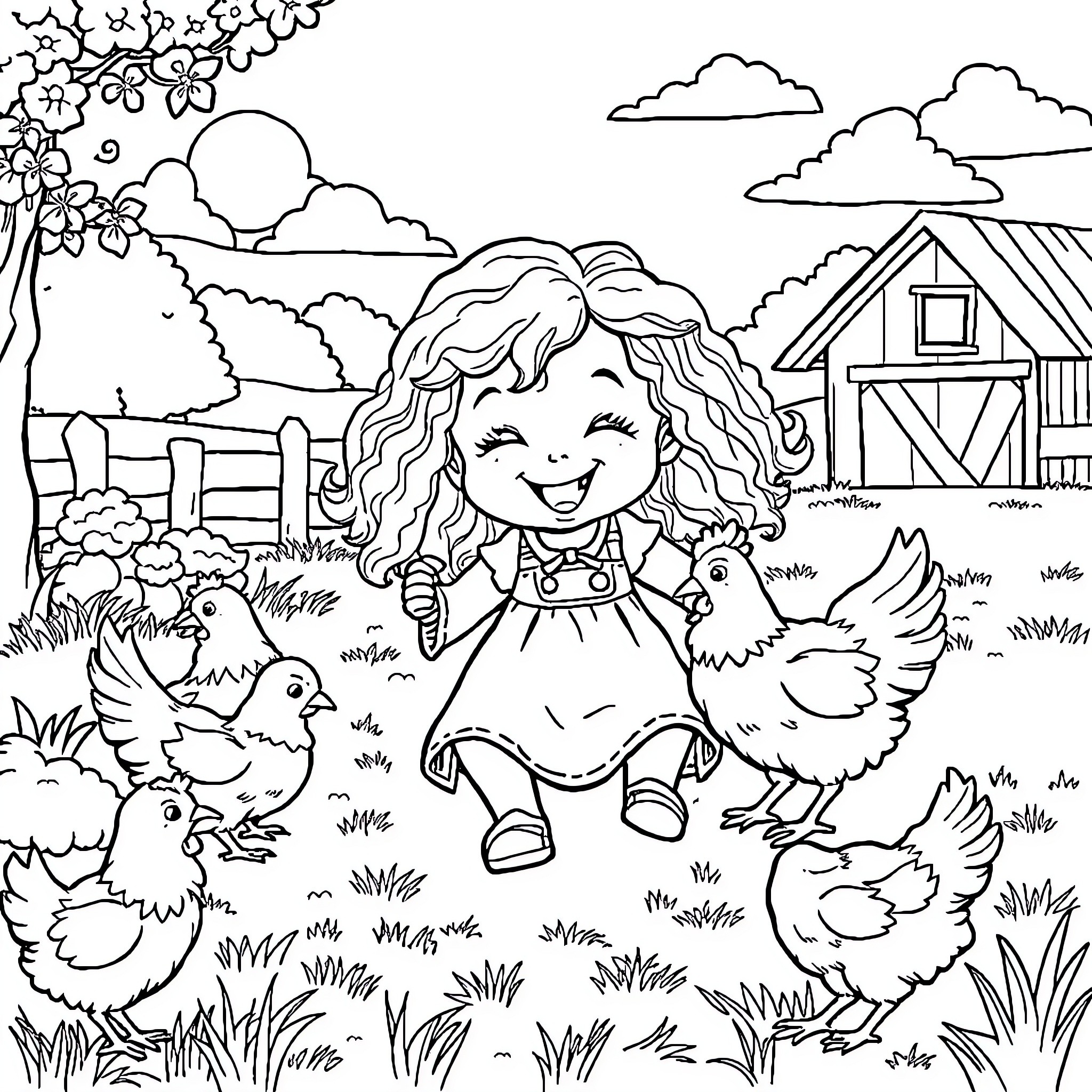 Girl enjoys nature with farm animals Coloring Page (free black-and-white line drawing printable PDF for all, from beginners to advanced learners, including children, teens, adults, and seniors)