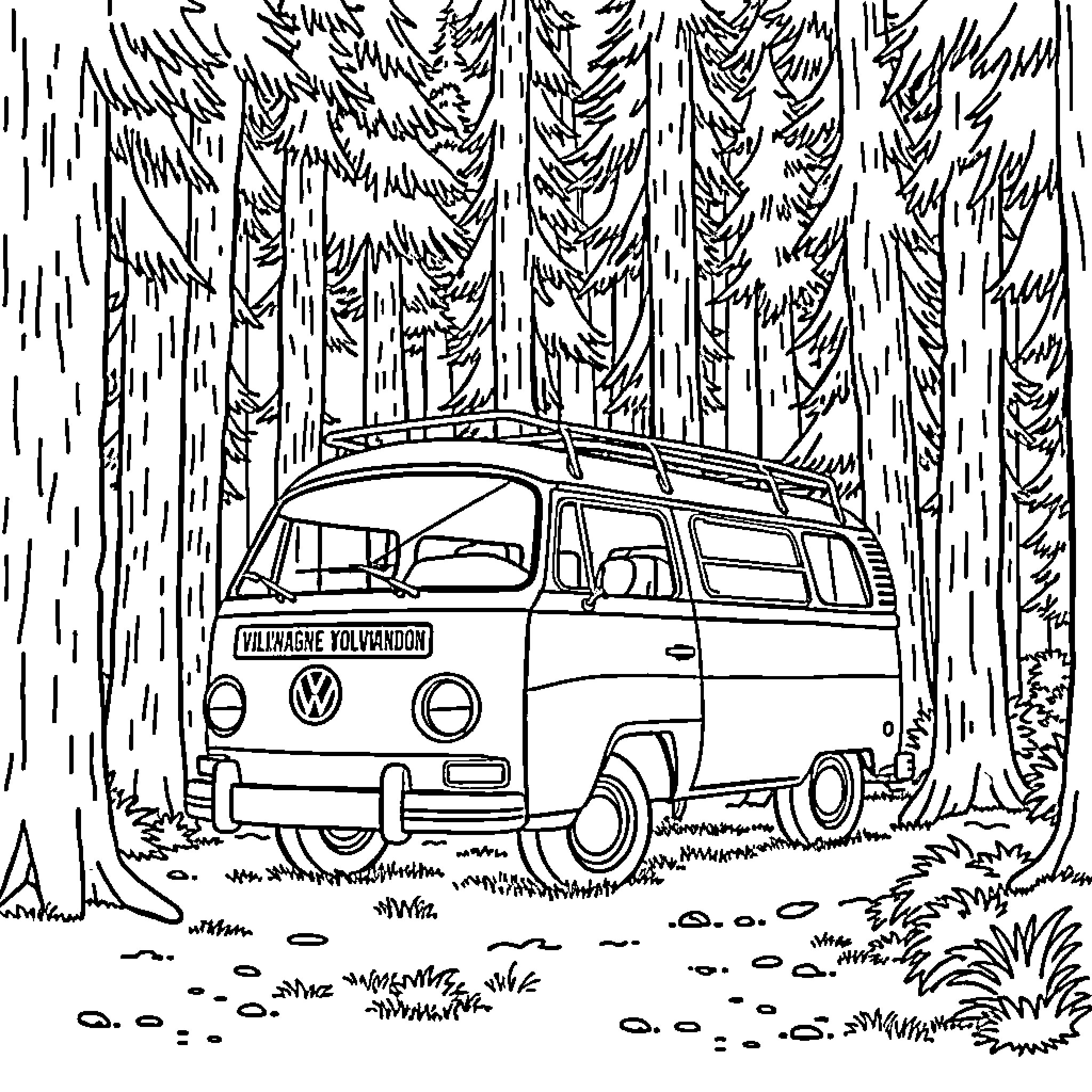 Camper Van in the Serene Forest Coloring Page (free black-and-white line drawing printable PDF for all, from beginners to advanced learners, including children, teens, adults, and seniors)